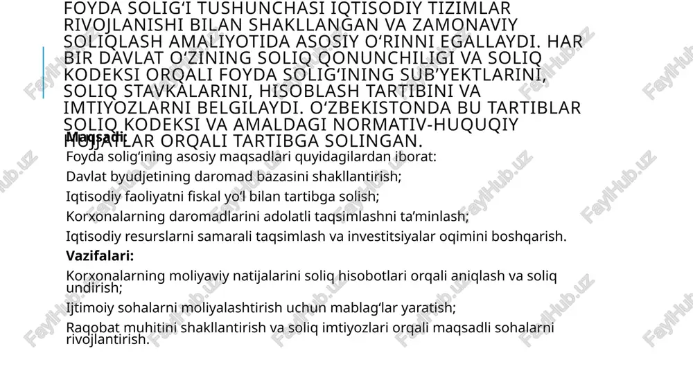 olash uchun quyidagi iqtisodiy indikatorlar va tahlil usullari qo‘llanadi: indikatorlar byudjet daromadlaridagi ulush: foyda solig‘i daromadlar ichidagi foizi. investitsiyalar darajasi: yalpi ichki mahsulotga (yaim) nisbatan investitsiyalar ulushi. korxona rentabelligi: sof foyda/umumiy daromad yoki sof foyda/aktivlar. ish o‘rinlari soni va ish haqi dinamikasi. soliq to‘lash faolligi: deklaratsiyalar soni, soliq bazasi kengayishi yoki qisqarishi. tahlil usullari hisoblangan statik tahlil: bir davr ichida soliq o‘zgarishining byudjet va korxona daromadlariga ta’sirini ko‘rsatadi. dinamik makroiqtisodiy modellash: soliq stavkalarining uzoq muddatli ta’sirini yaim, investitsiyalar va ishchi o‘rinlariga modellash. micro-level tahlil: soha yoki alohida korxona misolida foyda solig‘i yukini va xatti-harakatlarni tahlil qilish. narkotik (sensitivity) tahlil: soliq stavkasining o‘zgarishi bilan asosiy ko‘rsatkichlarning nozikligini o‘lchash. xulosa yuridik shaxslardan olinadigan foyda solig‘i o‘zbekiston soliq tizimining eng muhim turlaridan biri bo‘lib, davlat byudjetining asosiy manbalaridan hisoblanadi. u korxonalarning moliyaviy natijalarini to‘g‘ri aks ettirish, iqtisodiy barqarorlikni ta’minlash, hamda adolatli soliqqa tortish tizimini shakllantirishda muhim o‘rin tutadi. soliq siyosatini izchil takomillashtirish orqali …