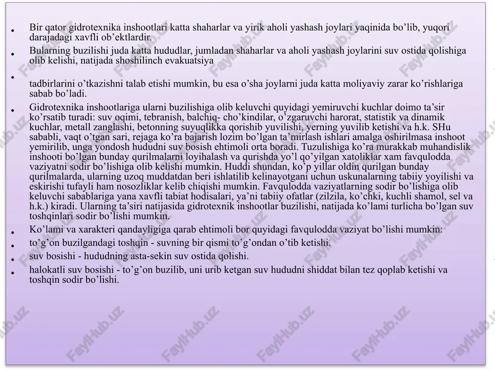 dan bir necha kecha-kunduzgacha)dan iborat. halokatli suv bosishning shikastlovchi omillari va ko’rsatkichlari suv omborining o’lchamlariga, to’g’onning balandligiga, urib ketgan to’lqinning tezligi va balandligiga, yer yuzasi qandayligiga va boshqa sharoitlarga ham bog’liq bo’ladi. suv bosish zonasi - hududning gidrotexnika inshootlariga tutash va suv tagida qolishi mumkin bo’lgan qismi. favqulodda vaziyatni sodir bo’lish ehtimolini tahminlash va unga baho berish. xavfli vaziyat o’chog’i bo’lishi mumkin bo’lgan gidrotexnika inshootlari va ularni buzilishi tufayli vujudga kelishi mumkin bo’lgan suv bosish zonasi hududlari xaritalarga (rejalarga, sxemalarga) tushirilib, bunday ob’ektlarga xos ko’rsatkichlar oldindan aniqlanadi. bu hujjatlar shu ob’ekt joylashgan hudud favqulodda vaziyatlar boshqarmalarida va bo’limlarida, shuningdek gidrotexnik xavfli ob’ektni quruvchi va ulardan foydalanuvchi vazirliklar (yoki idoralarda) va ularning joylardagi bo’linmalarida turadi. shu sababli oldindan tahminlashda falokat (yoki halokat)ning sodir bo’lish ehtimolligi, ko’lami va xarakteri hisobga olinadi bevosita ko’riladigan zararlar: -gidrotexnik inshoot, imoratlar, avtomobil va temir yo’llar, elektr uzatish va aloqa simlari, energotizimlar, sug’orish tizimlari va h.k.buzilishi; -chorva …