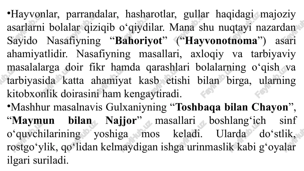 kitobi»da berilgan sh.sa’dullaning “laqma it” masalida it markaziy timsol sanaladi. mushuk, sigir, xo‘roz, tovuq va kurkalar timsolini it birlashtirib turadi. shuning o‘ziyoq it xarakterini ochish uchun uning atrofidagi timsollarning xarakter-xususiyatini bilishni talab etadi. mushukning it haqidagi so‘zlarini matndan toptirib o‘qitish itning xususiyatini ochib beradi: ajab bo‘ldi .... uy qurmading. o‘z va’dangda sen turmading. yozi bilan laqillading. meni ko‘rsang akillading. sigirning it haqidagi quyidagi so‘zlarini ham matndan topib o‘qitish orqali itning boshqa xususiyati ochiladi: menga bundoq hiyla qilma sigirlarni axmoq bilma.... uyda yotding oyoq cho‘zib sog‘in sutni hadeb buzib. so‘ng o‘quvchilarga itga xos xususiyatlarni ochuvchi so‘z va iboralarni toptirib ayttiriladi. shu tariqa o‘quvchilar o‘qituvchi yordamida itga tavsif beradilar. so‘ng boshqa timsollar ustida ishlanadi. bunda taqqoslash usulidan foydalaniladi. mushukning yaxshi xislatlari sanaladi. bu kabi tavsiflar sigir, xo‘roz, tovuq, kurkalarga ham beriladi. qahramonlarga tavsif berish matn ustida ishlash orqali amalga oshiriladi. yozuvchi foydalangan til vositasida o‘quvchilar qahramonlarga tavsif berishga o‘rganadilar, ularning tili ham …