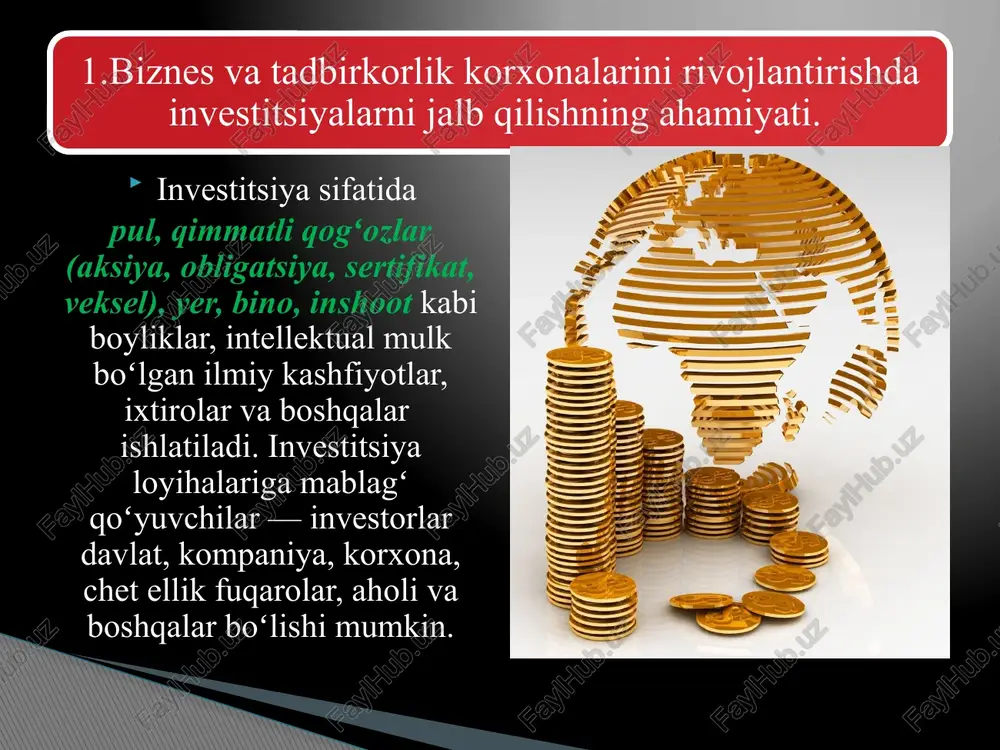 nvestitsiya shartnomasi tuzish tartibi belgilandi. qoraqalpog‘iston respublikasi vazirlar kengashi raisiga, viloyatlar va toshkent shahar hokimlariga 10 mln. aqsh dollaridan kam bo‘lmagan ekvivalentda chet el investorlari bilan investitsiya shartnomalarini mustaqil tuzish huquqi berildi. ilgari esa investitsion shartnomalar faqat hukumat darajasida tasdiqlanar edi. shuningdek, mamlakatimizda investitsiya muhiti yaxshilangani natijasida iqtisodiyot tarmoqlari va hududlarga to'g'ridan-to'g'ri sarmoyalar faol kirib kelmoqda. shu bilan birga, davlat byudjeti va byudjetdan tashqari jamg'armalar, tiklanish va taraqqiyot jamg'armasi mablag'lari, hukumat kafolatlagan kreditlar hisobidan tovarlarni davlat uchun xarid qilish bo'yicha tender hujjatlari va import shartnomalarini ekspertiza qilishda ham haq to'lanmaydi. dastlabki va yakuniy texnik-iqtisodiy asoslarni kompleks ekspertiza qilish uchun to'lanadigan to'lov miqdori 4 barobargacha qisqartirildi. 3.o‘zbekistonda biznes korxonalari faoliyatiga xorijiy investitsiyalarni jalb qilishni takomillashtirish yo‘nalishlari. xalqaro moliya institutlarining kreditlari hisobiga amalga oshiriladigan yoki bir bosqichli loyihalar bo'yicha moliyaviy-iqtisodiy hisobot ishlab chiqish talabi bekor qilindi. prezidentimiz 2019 yilni «faol investitsiyalar va ijtimoiy rivojlanish yili» deb e'lon qilgandi. 3.o‘zbekistonda biznes korxonalari faoliyatiga …