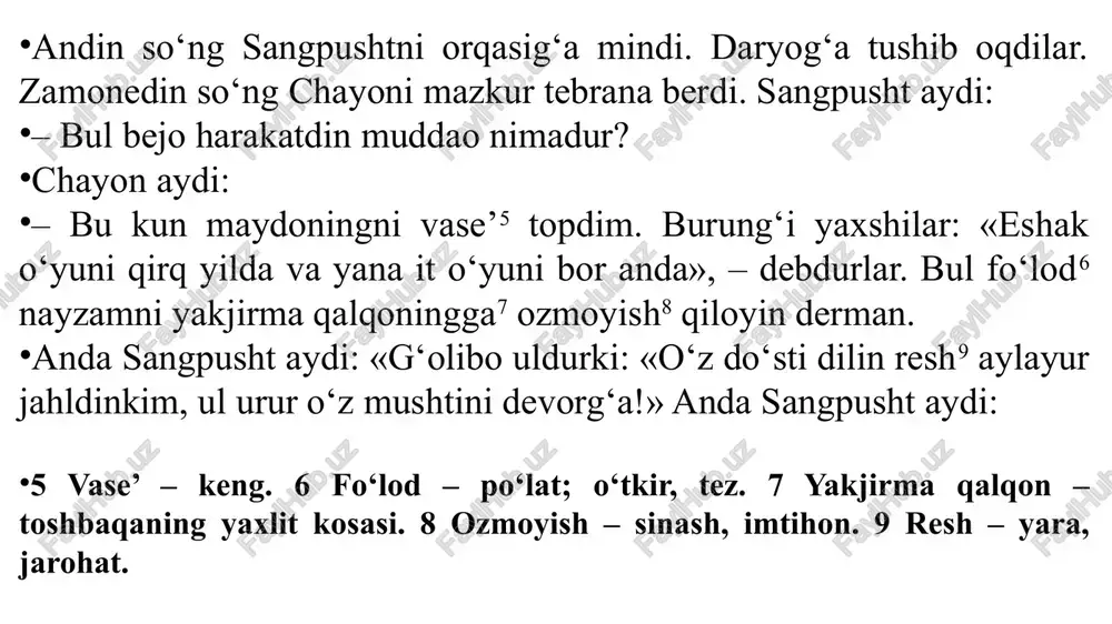 ziga ishonchi namoyon bo‘lgan, deb o‘ylaysiz? 5. toshbaqaning qaysi iborasi uning chayon fe’lidan xabardorligini ko‘rsatadi? 6. toshbaqaning do‘stga sadoqati uning qaysi xatti-harakatlarida namoyon bolgan, sizningcha? 7. chayonning do‘st tanlashni bilishini nimalardan anglash mumkin deb o‘ylaysiz? 8. chayonning o‘z zaifliklarini bilishi masalning qaysi o‘rinlarida aks etgan? 9. chayonga xos bolgan “do‘stni yo‘qotishni istamaslik” fazilatini uning qaysi gaplarida anglash mumkin, sizningcha? 10. nima deb o‘ylaysiz, chayonga xos bolgan tabiiy xususiyat nima? o‘ylab ko‘ringchi, alloh tomonidan chayonga berilgan bu sifatning foydali tomonlari ham bormi? 11. masaldagi: "dedi chiyon: «bo‘hnasa o‘z xohishim, boshqa nasihalga meni yo‘q ishim» satrlarga diqqat qiling. unda chayonga xos bo‘lgan qanday fazilat aks etgan? 12. chayonga xos bo‘lgan chaqish va zaharlash sifatining illatlik jihatlari ham bormi? bor bo‘lsa, u nimalarda o‘z aksini topgan? fazilatlik tomoni-chi? 13. e’tibor qildingizmi, toshbaqaga xos bo‘lgan: “hammani o‘zidek - yaxshi deb biladi; hammaga birdek yaxshilik qilaveradi tarzidagi ikki sifat unga xos bo‘lgan fazilatlarda ham, illatlarda …