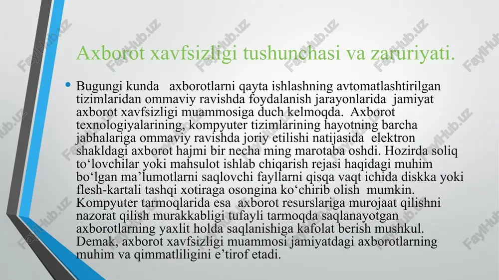 chiqiladi. tashkilot rahbari tomonidan tasdiqlanadi. axborot tizimlari yoki vositalari tarkibi o‘zgargan holda yoki bir yilda eng kamida bir martta ko‘rib chiqiladi va yangilanadi. hujjat tarkibi. tashkilotda axborot xavfsizligining o‘rnini hamda uning tashkil etuvchilarini belgilash. axborot xavfsizligi tushunchasini belgilash, tashkilotning axborot xavfsizligi obyektlarini sanab o‘tish. tizimni va undagi o‘zgarishlarni boshqarish. axborot xavfsizligi siyosati bilan birgalikda axborot xavfsizligiga aloqador boshqa hujjatlarning to‘liq ro‘yxati. «axborot xavfsizligini ta’minlash bo‘yicha javobgarlikni taqsimlash» hujjati. tashkilotda axborot xavfsizligi resurslarini va bu resurslardan foydalanish vakolatiga ega shaxslarni javobgarligini belgilash uchun mo‘ljallangan. «xodimlarni tanlash va ular bilan ishlashda axborot xavfsizligi» hujjati. tashkilotda xodimlarni tanlashda va ular bilan ishlashda axborot xavfsizligini ta’minlash chora-tadbirlarini aniqlash uchun mo‘ljallangan. «ishchi o‘rin xavfsizligi» hujjati. ishchi o‘rindan ma’lumotlarning chiqib ketishining oldini olish va xodim uchun ishchi o‘rnini to‘g‘ri tashkil etishni belgilaydi. axborotni himoya qilishni huquqiy usullarida huquqiy xarakterli masalalar: kriptografiya - axborotlarni aslidan o’zgartirilgan holatga o’tkazishlarning matematik uslublarini topish va takomillashtirish bilan shug’ullanadi. dastlabki sisitemalashgan …