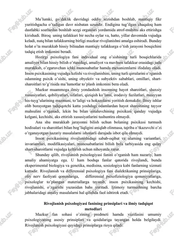 hlarga doir, bilimlarga ehtiyoji va talabi ortayotgani (harbiy, sport, savdo, mehnat, kosmik, muhandislik, ijod, aviasiya, reklama, menejment psixologiyalariga aniq materiallar zarurligi). 9.ekologiya muammolari, zoopsixologiya va etologiya vazifalari, millatlararo munosabatlarni barqarorlashtirish, insonparvarlik g’oyalarini turmush tarziga olib kirish masalalarining dolzarbligi (ekologiya va inson, qiyosiy psixologiya, shaxs psixologiyasi, etnik psixologiya va hokazolar). 10.moddiy ishlab chiqarishni ko’paytirish, sanoatda va qishloq xo’jaligida kishilarning haqiqiy xo’jayinlik tuyg’usini uyg’otish, aqliy va jismoniy imkoniyatlarni qidirish, ishlab chiqarish samaradorligini oshirish, inson — inson, inson — texnika, yer — inson, inson — iqlim munosabatlarini izchil o’rganish zarurligi. 11.oilaviy munosabatlarni yaxshilash, ajralishlarning oldini olish, inoq oila yaratish, yoshlarni turmushga tayyorlash, o’z joniga qasd qilish hollarini bartaraf etish, oilada tenghuquqlilikni qaror toptirish va bolalar tarbiyasini takomillashtirish vazifalari. 12.inson uzoq umr ko’rishining sirlarini — gerantopsixologik qonuniyatlarni ochish va targ’ib qilish, davlat muassasalarida, nodavlat tashkilotlarida, psixologik bilimlardan o’z o’rnida foydalanish, uzoq umr ko’rishga zamin tayyorlash, qariyalar pansionatlarida ularning ruhiyatiga mos munosabatda, odilona muloqotda bo’lish …