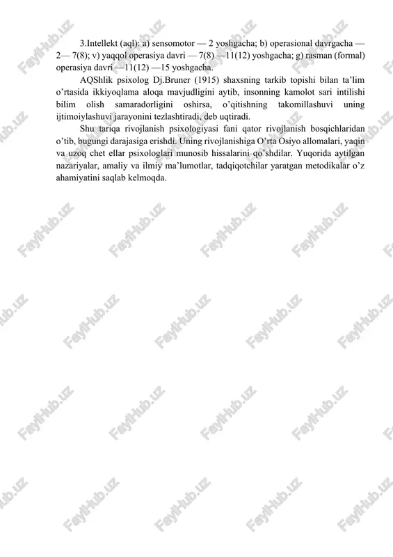 a amaliy ahamiyatga ega bo’lgan ma’lumotlarni chuqur tahlil qildi. k.byuler xonim (1879—1963) o’zining ilmiy tadqiqotlarida faoliyatning har xil yosh davrlaridagi rolini, faoliyat turlarida fantaziya, tafakkur, nutq jarayonlarining rivojlanishini, aqliy faoliyat hamda uning rivojlanish bosqichlari (instinkt, dressura, intellekt)ni, shaxsning shakllanishida biologik va ijtimoiy omillarning ahamiyatini izchil o’rgandi. mazkur sohada tubdan farqlanuvchi g’oyalar, nazariyalar yuzaga keldi. masalan, amerikalik psixolog s.xoll (1844—1924) gekkelning evolyusiya qonuniyatini psixologiyaga bevosita ko’chiradi. uning fikricha, “irsiyat” filogenezni rivojlanishda takrorlaydi, xolos. shveysariyalik psixolog e.klapared (1873—1940) s.xolldan farqli o’laroq, rivojlanish va filogenezda psixik funksiyaning o’sishini o’rganish uchun quyidagi holatlarga e’tibor beradi: a) organizm ehtiyojini qondirish; b) reflektor harakat to’siqqa duch kelsa, ongli harakat vujudga keladi; v) unga nisbatan ehtiyoj sezsa, u holda ma’lum faoliyat turiga yo’naltiriladi. e.klapared “bola psixologiyasi va eksperimental pedagogika” kitobida qiziqish, motiv, extiyojlarning metodologik asoslari, bolalar tafakkurining xususiyatlari va rivojlanish qonuniyatlari, ularda dastlabki umumlashtirishning sinkretligi (aralash holatdaligi), o’xshashlik va farqlanishning bola ongida aks etishi to’g’risida mulohaza yuritadi. …