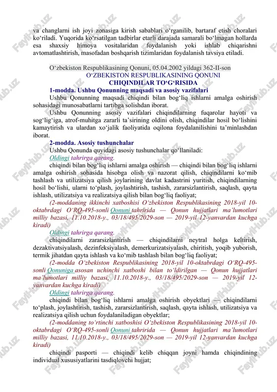 turli xil agressiv va zaharli kimyoviy moddalar, jumladan, qishloq xo‘jaligida ishlatiladigan kimyoviy o‘g‘itlar, pestitsidlar, tibbiyotda va dori-darmon tayyorlashda, atir-upa, attorlik mollarini ishlab chiqarishda ishlatiladigan moddalar ham inson sog‘ligiga katta ziyon etkazmoqda. ayrim kimyoviy moddalar zaharlilik xususiyatiga ega bo‘lsa, ayrimlari allergenlik (allergik kasalliklarini keltirib chiqarish xususiyati), kanserogenlik (rak kasalligini keltirib chiqarish xususiyati), mo‘tagenlik (naslga ta’sir etish xususiyati) va teratogenlik (chala yoki mayib-majruh tug‘ilishni yuzaga keltirish xususiyati), fibrogenlik (tanadagi to‘qimalar birikmasining ajralishi) xususiyatlariga egadir. bunday kimyoviy moddalarga ayniqsa, og‘ir metallar (qo‘rg‘oshin, kadmiy, simob), noorganik gazlar (oltingugurt ikki oksidi, is gazi, azot oksidi, ozon), kremniy ikki oksidi (ddt, xlorli vinil va boshqalar) misol bo‘lishi mumkin. ushbu kimyoviy moddalar alohida holda ham, aralashma holda ham inson sog‘ligi uchun juda xavfli hisoblanadi. keyingi yillarda rak kasalligining ko‘payishi, turli xil kasalliklarning yangi turlarini vujudga kelishi, asosan, kimyoning ta’siridandir. davlat standarti bo‘yicha inson sog‘ligiga ta’sir etuvchi xavfli moddalar 4 sinfga ajratilgan: 1-sinf - favqulotda xavfli moddalar, rem(0,1 …