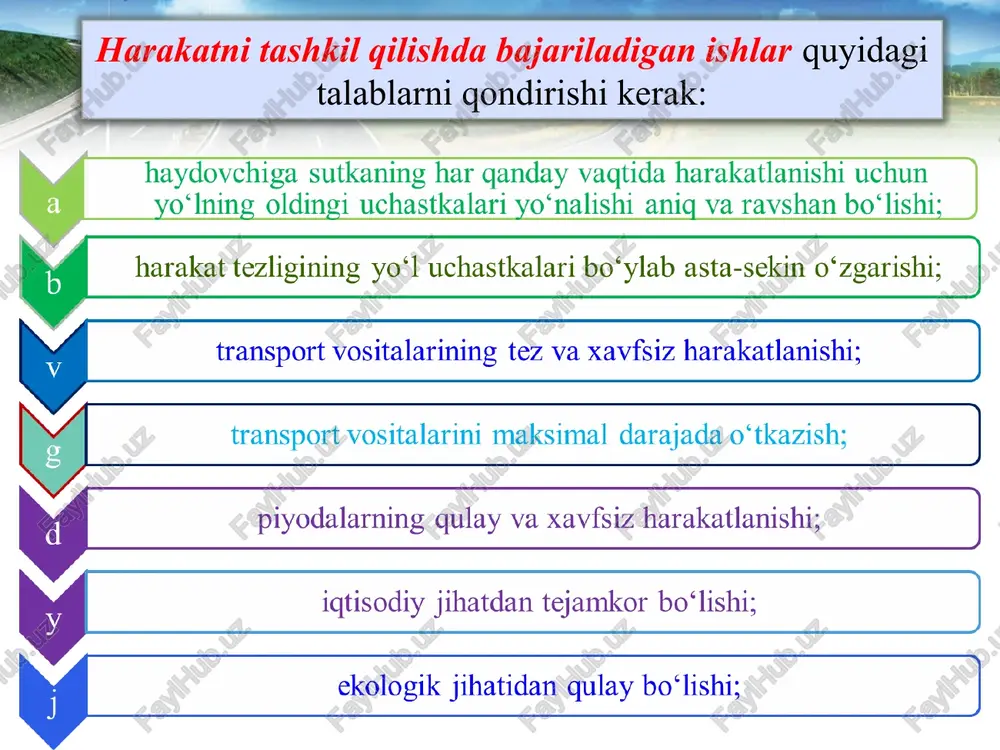 ning turli sathda kesishishi va tutashishini asosan quyidagi hollarda qabul qilish zarur: ia darajali yo‘llarda - barcha darajali yo‘llar bilan, ib darajali yo‘llarda ii va iii darajali yo‘llar bilan; iii darajali yo‘llarning o‘zaro kesishish joylarida kelajakdagi jami harakat miqdori bir sutkada (ikkala kesishuvchi yoki qo‘shiluvchi yo‘llarda) 8000 yengil avtomobildan oshsa. shahardan tashqaridagi bir sathdagi chorrahalarda harakat xavfsizligini va harakatni tashkil qilish samaradorligini oshirish uchun quyidagi ishlar bajarilishi lozim: sekinlashish va tezlashish polosalari i-iii darajali yo‘llardagi bir sathdagi chorrahalarda va i-iv darajali yo‘llarda avtobus to‘xtash joylarida quriladi. bu polosalarning enini asosiy polosalar eni bilan teng yoki eng kamida 3,5 m.qabul qilish kerak. avtomobil yo‘lidagi egri bo‘lakning radiusi qancha kichik bo‘lsa, unda harakatlanish shuncha qiyinlashib, birinchi navbatda harakat tezligining pasayishiga, harakat traektoriyasining o‘zgarishiga, transport oqimining zichlashishiga va ythning ortishiga sababchi bo‘ladi. rejadagi egrilikning radiusi qancha kichik bo‘lsa, egri uchastkada shuncha ko‘p yth vujudga kelishi mumkin. egri uchastkalarda xavfsizlikni ta’minlash uchun radiusni kattalashtirish …