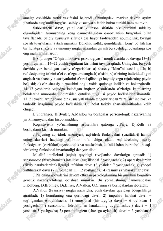 a, voyaga yetgan odamlarda mahdudlik, umidsizlik vujudga kelishi shubhasizdir. ikkinchi davr − ilk bolalikda yarim mustaqillik va shaxsiy qadr-qimmat tuyg’usi shakllanadi yoki, aksincha, ularning teskarisi — uyat va shubha hissi hosil bo’ladi. bolada mustaqillikning o’sishi unga o’z tanasini boshqarish uchun keng imkoniyat yaratib, bo’lg’usi shaxs xususiyatlaridan tartib va intizom, mas’uliyat, javobgarlik, hurmat tuyg’ulari tarkib topishiga zamin hozirlaydi. uchinchi davr − o’yin yoshi deb ataladi va unga 5−7 yoshli bolalar kiradi. bu davrda tashabbus tuyg’usi, qandaydir ishlarni amalga oshirish, bajarish mayli tarkib topadi. mabodo boladagi xohish-istakni ro’yobga chiqarish yo’li to’sib qo’yilsa, buning uchun u o’zini aybdor deb hisoblaydi. mazkur davrda davra, ya’ni guruh o’yinlarga, tengqurlari bilan muloqotga kirishish muhim ahamiyat kasb etadi: bola turli rollar bajarib ko’rishiga, uning xayoloti o’sishiga imkon yaratadi. xuddi shu davrda bolada adolat tuyg’usi, uni tushunish mayli tug’ila boshlaydi. to’rtinchi davr − maktab yoshi boladagi asosiy o’zgarishlar: ko’zlagan maqsadiga erishish uchun intilish, uddaburonlik va tirishqoqlik bilan ajralib …