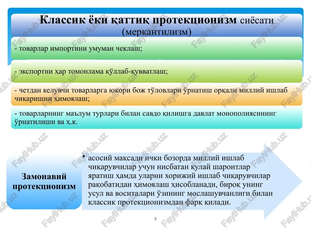 larga subsidiyalar berish, kvotalash, litsenziyalash kabilar kiradi. bojxona bojlari avvalo import bojlari va eksport bojlariga ajraladi. import bojlari davlat byudjetini to'ldirish maqsadida va ichki bozorlarga tushadigan chet el tovarlari oqimini tartibga solish uchun belgilanadi. eksport bojlari mamlakat ichida talab ko'p bo'lgan mahsulotlar taqchilligining oldini olish maqsadida belgilanadi. 23 boj olinadigan mahsulotlar, boj olinmaydigan mahsulotlar, olib kelish va olib ketish taqiqlangan mahsulotlar, shuningdek, bojxona bojlari stavkasi, ya'ni, ularning tartibga solingan ro'yxati bojxona tariflari deb ataladi. 24 mamlakat mudofaa sanoatini himoya qilish imkonini beradi; mamlakatda bandlilik darajasi o'sishini ta'minlaydi va yalpi talabni rag'batlantiradi, importning nisbatan cheklanishi natijasida sof eksport o'sadi va joriy operatsiyalar bo'yicha to'lov balansi xolati yaxshilanadi; milliy iqtisodiyotdagi yangi tarmoqlarni himoya qilish uchun zarur; bojxona tariflarini kiritishni yoqlovchi mutaxassislar fikriga ko'ra import tariflari: 25 davlat byudjeti daromadlarini to'ldirish manbai bo'lib xizmat qiladi; milliy ishlab chiqaruvchilarni demping ko'rinishidagi chet el raqobatidan himoya qiladi; iqtisodiyot tuzilishini qayta qurishni boshqarish vositasi hisoblanadi va …