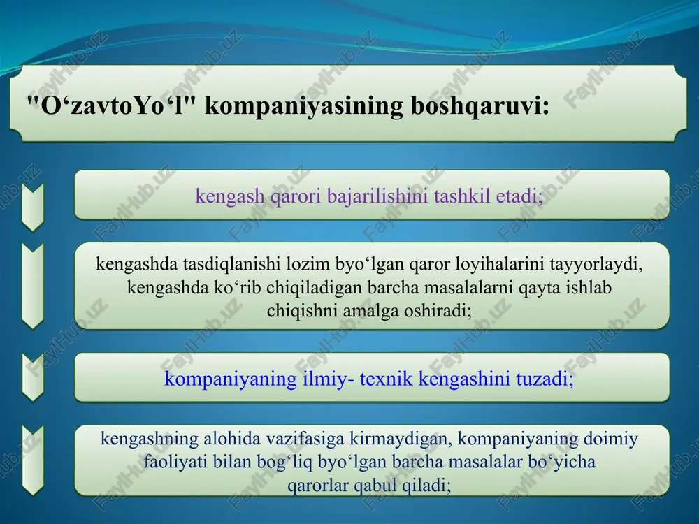 iyatini amalga oshirish; shartnoma asosida xizmat ko‘rsatish bo‘yicha shaxsiy ishlab chiqarish va xo‘jalik faoliyatini amalga oshirish; respublika miqyosida avtomobil yo‘llarini loyihalash “o‘zavtoyo‘l” dak tarkibiga kirgan hududiy “yo‘l loyiha markaz”lari, avtomobil yo‘llari ilmiy-tadqiqot instituti va turli mulkchilik shaklidagi mchj lar tomonidan amalga oshiriladi. yo‘l loyihasini ishlab chiqishda sohaga tegishli me’yoriy hujjatlarga amal qilinishi shart qilib belgilanadi. loyihalash jarayonida harakat xavfsizligining qay darajada ta’minlanganini baholash uchun yakuniy avariyalik koeffitsienti grafigini butun yo‘l uzunligi bo‘yicha hisoblab, me’yoriy ko‘rsatkichdan oshmaslik chora-tadbirlari qo‘riladi. loyiha ishlari yakunlanganidan keyin uni belgilangan tartibda iiv yhxbb yoki iib yhxb bilan kelishib, so‘ngra qurilish tashkilotlariga real sharoitda amalga oshirish uchun beriladi. loyiha bo‘yicha yo‘l qurilishini asosan respublikada “yo‘l-ta’mirlash qurilish tashkilotlari”, ayrim hollarda “xalqaro davlat ahamiyatidagi avtomobil yo‘llarini saqlash bo‘yicha ixtisoslashgan ta’mirlash – foydalanish korxonalari” tomonidan amalga oshiriladi. qurilishni amalga oshirayotgan qanday tashkilot (nazarbekavtoyo‘l korxonasi, samarqand obodonchiligi aksiyadorlik uyushmasi, olmaliq obodonchiligi yopiq aksiyadorlik uyushmasi) byo‘lishidan qat’iy nazar, ularga qo‘yiladigan asosiy talab …