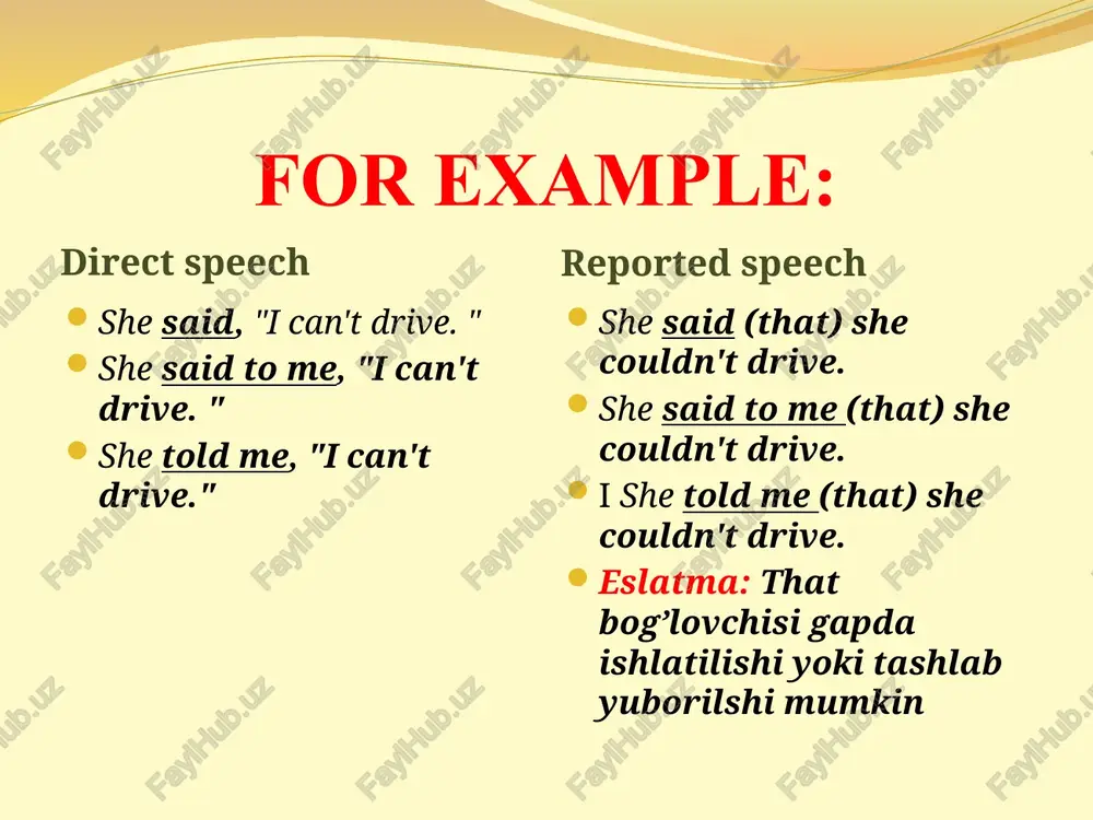 had come so late. u mendan nima uchun bunchalik kech kelganimni so‘radi. read the sentences and write them in the indirect form. 1. nancy asked her mother, "what is the weather going to be, rainy or sunny?" 2. the teacher asked her class, "who will take part in the competition?". 3. mary asked her friend, "what did you do during your winter holidays?". 4. lucy asked her new friend, "when were you born?" 5. the tourist asked a policeman, "how can i get to the centre of the city?" 6. wife asked her husband, "when will you come home from work?" 7. the mother asked her children, "who will help me to lay the table?" reporting general questions yordamchi yoki modal fe’l bilan boshlangan so‘roq gaplarni o‘zlashtirma gaplarga aylantirganda, ergash gap bosh gapga whether yoki if bog‘lovchilari bilan bog‘lanadi va yuqorida aytilgan kerakli o‘zgartirishlar qilinadi: ko‘chirma gap: he asked me, …