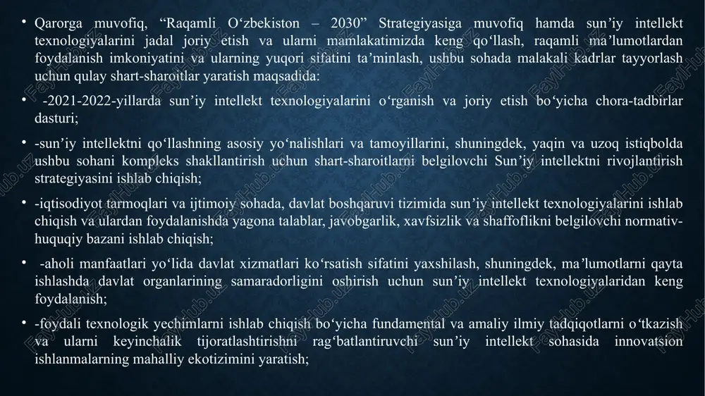 n’iy intellekt texnologiyalarini jadal joriy etish uchun shart-sharoitlar yaratish choratadbirlari to‘g‘risida”gi pq-4996-son qarori. 3. s.komolov va sh.raxmatovlarning sun’iy intellekt asoslari mashinaviy o‘qitish kitobi. 4. panteleeva t.a., arustamov e.a., maksaev a.a. vozmojnosti iskusstvennogo intellekta v upravlenii kadrovimi resursami v usloviyax svobodnogo predprinimatelstva // internet-jurnal “otxodi i resursi”, 2019 №3. 5. kamilova r.sh. abdulatipova m.a. iskusstvenniy intellekt // opublikovano v 2013, vipusk may 2013, ekonomicheskie nauki. e’tiboringiz uchun rahmat! image2.jpeg image3.jpeg image4.jpeg image5.jpeg /docprops/thumbnail.jpeg