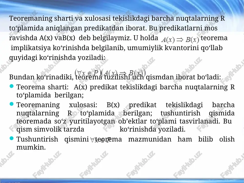 skariga qarama-qarshi teoremalarni tuzing, ularni chin yoki yolg‘onligini aniqlang. teoremalarni isbotlash usullarini ayting. to‘liq induksiyadan foydalanib bitta teoremani isbotlab bering. b.b.b. jadvali (bilaman, bilishni xohlayman,bildim) № mavzu savoli bilaman bilishni xohlayman bildim 1 teorema nima? teoremaga misollar keltirishni 2 ixtiyoriy teoremani olib, sharti, xulosasi va tushuntirish qismlarini ajratib ko‘rsatishni 3 ixtiyoriy teoremani tanlab, unga teskari, qarama-qarshi, teskariga qarama-qarshi teoremalarni tuzing, ularni chin yoki yolg‘onligini aniqlashni 4 teoremalarni isbotlash usullarini 5 to‘liq induksiyadan foydalanib bitta teoremani isbotlashni