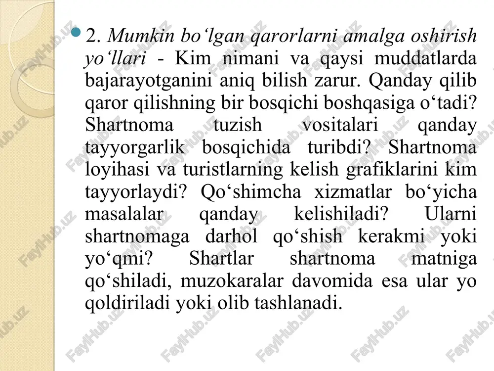 kursiya nomi va davomiyligi, ularda harakatlanish usullari (avtobus, piyoda, teploxod va boshqalar); ekskursiyalarni o‘tkazish uchun talabnomalar berish muddatlari; talabnomalarni bekor qilish muddatlari; ekskursiyalar narxlari; har bir ekskursiyada guruhlardagi ekskursantlar soni; ekskursiya uzilishlari uchun moddiy javobgarlik (ekskursion firma yoki turoperator aybi bilan). muzey bilan shartnoma: ekskursiyalar va ular tematikasi; guruhdagi ekskursantlar soni; ekskursiya narxlari (guruhli va individual-ajratilgan, yosh bo‘yicha va hokazo); muzeyga guruhli tashrif buyurish uchun chegirmalar; ekskursiyalarni o‘tkazish uchun talabnomalar berish muddatlari; talabnomalarni bekor qilish muddatlari; tomonlardan birining aybi bilan muzey ekskursiyasidagi uzilishlar uchun moddiy javobgarlik kabilarni o‘z ichiga oladi. turli ko’rgazmalarga ishtirok etish. turoperator katologi. katolog turlari va vazifalari. turoperatorlik biznesi bilan shug‘ullanadigan istalgan turistik firma varaqalar, bukletlar, broshyuralar, kataloglar kabi reklama-ma’lumot nashrlarini tayyorlashi zarur. bu nashr turlarining barchasi reklama hisoblanadi va turni sotish (harakatlantirish) imkoniyatlari haqida tasavvur hosil qiladi. shuning uchun, mazmuniga ko‘ra kataloglar umumiy (turistlar va agentliklar uchun) va maxsus (faqat turagentliklarga) bo‘ladi. ularni bosh va xizmat …