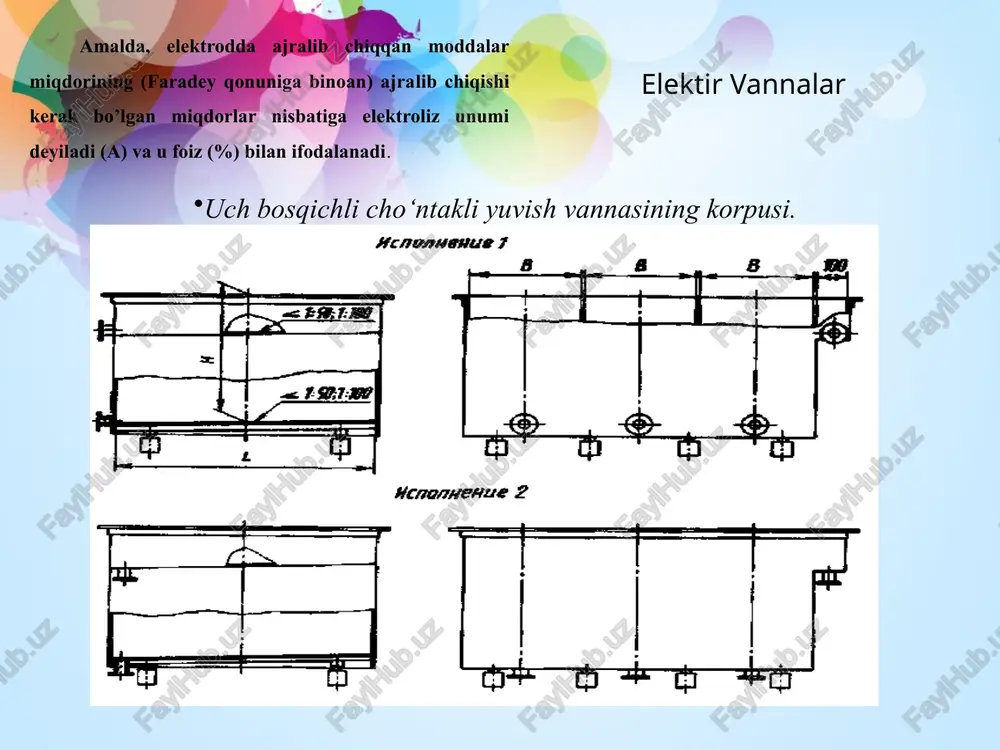 d; 8 — anod ning qattiq korpus qovurg'asi; 9 - anodlar tayanchi; 10 - anod ramasi; 11 - suyuq anod massasi; 12 - xamir ko'rinishdagi anod massasi; 13 - mis shina; 14 - shtirlar; 15 - egiluvchan shinalar 24 savollar 2024 y. laboratoriya kelib chiqib vannalarni loyihalash? savollar 2024 y. elektr qurilmalarga nimalar kiradi? savollar 2024 y. elektr qurilmalar ning amaliy ahamiyoti qanday? vannalarni loyihalashda nimalarga e’tiborga olinadi misni elektroliz ko'rsatgichlariga texnologik omillarning ta'siri. anod va katodlarda yuz beradigan o'zgarishlar. mis elektrolizida elekktor quvvatini sarfi tokni chiqishi va vannadagi kuchlanishga bog'liqdir anod va katodning joylashgan masofasi. eritmani tarkibi. eritmani xarorati mis elektrolizida elektr quvvatini sarflanishi quyidagiga hi- soblash mumkin faradey qonuniga binoan, 1 a-soatga katotda 1,186 g mis o'tkaziladi. agarda vannadagi kuchlanish 0,25 v ga teng bo'lsa, 1 g misni o'tkazishga nazariya bo'yicha sarflanadigan elektr quvvati: w = u/1,186 = 0,25 * 1/ 1,186 = 0, 210 vt.soat ѐki 1t …