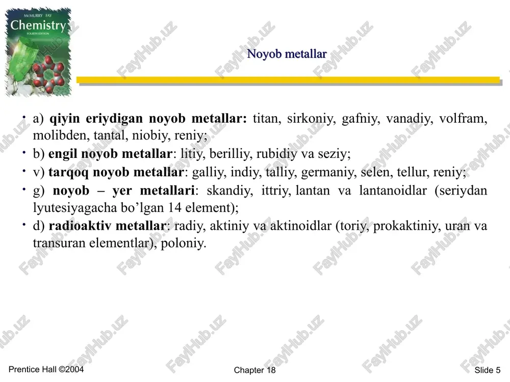 tall mis xossalari va olinish usullari reja 1. rafinatsiyalash tushunchasi 2. misning fizik-kimyoviy xossalari 3 misni tabiyatda uchrashi 4elektrolitik rafinatsiyalash bilan rangli metall mis olish 5 savollar 6 adabiyotlar chapter 18 slide 13 prentice hall ©2004 rafinatsiyalash tushunchasi metallarni rafinatsiyalash yuqori temperaturali (pirometallurgiya), elektrolitik va kimyoviy turlarga boʻlinadi. yuqori t-rali rafinatsiyalashda metallarga oksidlovchilar yoki modifikatorlar qoʻshiladi. ular qoʻshimchalar bilan suyuq metallda erimaydigan (mexanik yoʻl bilan ajratiladigan) yoki rafinatsiyalash trasida uchuvchan kimyoviy birikmalar hosil qiladi. bundan tashqari, metallga suyuq sintetik toshqollar, inert gazlar (mas, argon), oltingugurt, galogenlar, galogenidlar va boshqa moddalar bilan ishlov beriladi. chapter 18 slide 14 prentice hall ©2004 elektrolitik rafinatsiyalash elektrolitik rafinatsiyalash tuzlarning suvdagi eritmalari yoki tuzli suyukliklarning elektrolizidan iborat. bu turning keng tarqalgan usuli tozalanadigan metallarni anodsa eritish va toza metallarni katodda choʻktirish jarayonlarini oʻz ichiga oladi. kimyoviy rafinatsiyalash metall va qoʻshimchalarning kislotali yoki ishqorli eritmalarda turlicha erituvchanligiga asoslangan. rafinatsiyalash bevosita pechlar yoki maxsus qurilmalarda amalga oshiriladi. …