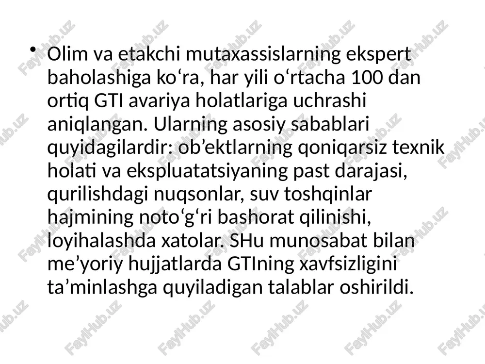 ridan foydalanish davrida favqulodda vaziyatlar natijasida yetkazilgan zararning o‘rnini qoplash gidrotexnika inshootlaridan foydalanish davrida favqulodda vaziyatlar natijasida fuqarolarning hayoti va sog‘lig‘iga, jismoniy hamda yuridik shaxslarning mol-mulkiga yetkazilgan zararning o‘rni qonunchilikda belgilangan tartibda sug‘urta summasi doirasida qoplanadi. transchegaraviy ahamiyatga ega bo‘lgan gidrotexnika inshootlaridagi favqulodda vaziyatlar natijasida yetkazilgan zararning o‘rni o‘zbekiston respublikasining qonunchiligida va xalqaro shartnomalarida belgilangan tartibda qoplanadi. gidrotexnika inshootlaridan foydalanish davrida favqulodda vaziyat natijasida yetkazilgan zararning sug‘urta summasidan ortig‘ining o‘rnini qoplash tartibi o‘zbekiston respublikasi vazirlar mahkamasi tomonidan belgilanadi. gidrotexnika inshootlarida favqulodda vaziyat yuzaga kelishi natijasida xalqaro yordam ko‘rsatish gidrotexnika inshootlarida favqulodda vaziyat yuzaga kelgan hollarda uning oqibatlarini bartaraf etish, aholining hayoti va sog‘lig‘ini, jismoniy va yuridik shaxslarning mol-mulkini himoya qilish, shuningdek atrof-muhitni muhofaza qilish maqsadida xalqaro yordam berish va olish o‘zbekiston respublikasining qonunchiligiga va xalqaro shartnomalariga muvofiq amalga oshiriladi. /docprops/thumbnail.jpeg