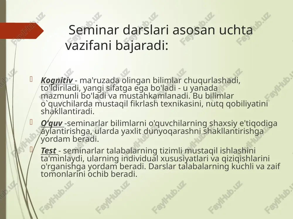 eminarga tayyorgarlik bosqichida ularni ortiqcha yuklamang, muhokama uchun savollar sonini kamaytirmang. ularni kattalashtiring va 3-4 tagacha kamaytiring, lekin eng muhimi, ular jamoaviy muhokama uchun qiziqarli bo'lishi va talabalar muhokamasini rag'batlantirishi kerak. seminar sessiyasini qanday samarali o'tkazish kerak (evristik retsept) odatda seminar darsi umumiy mavzuni shakllantirish va o‘qituvchining kirish so‘zi bilan boshlanadi, bu esa talabalarni tegishli masalalar, vazifalar va muammolarni muhokama qilishga olib kelishi kerak. , va ,. talabalarga gapirishga ruxsat bering, lekin birining taqdimotini boshqalarning zarariga kechiktirmang. talabalar uchun kutilmagan va qiziqarli savollar berish orqali ularni munozaraga, tanqidiy tahlilga va umumlashtirishga jalb qiling. agar munozara siz xohlagan yo'nalishda harakatlanmasa, o'z vaqtida aralashib, uni to'g'irlang. agar talabalar muhokama qilinayotgan masala bo'yicha hamma narsani aytib berishgan bo'lsa va sizda qiziqarli va muhim qo'shimcha bo'lsa, uni qisqacha bayon qiling. seminar oxirida talabalar yoki o'zingiz qilishingiz mumkin bo'lgan xulosalar uchun vaqt qoldiring. image1.jpg image2.gif image3.wmf image4.emf oleobject1.bin /docprops/thumbnail.jpeg