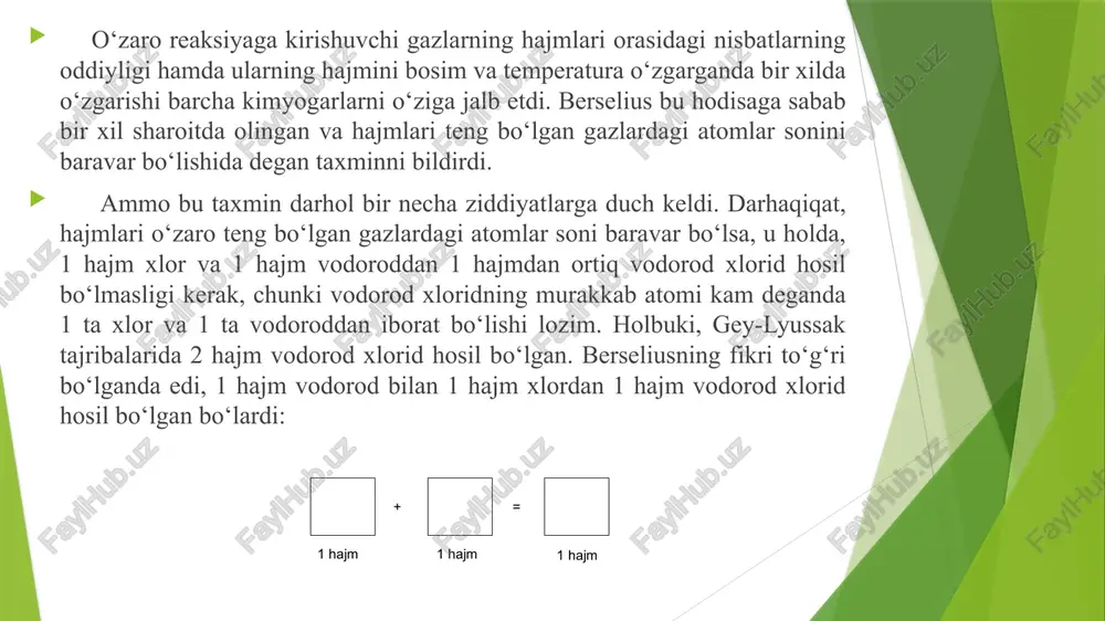 hajmini (n.sh.) topish. 4. modda miqdoridan foydalanib, modda massasini, undagi molekulalar sonini hamda hajmini (n.sh.) topish. ideal gazning holat tenglamasi va undan foydalanish yo‘llari gazning holatini uchta kattalik–harorat, bosim va hajm bilan baholash mumkin. haroratning xalqaro o‘lchov birligi sifatida si sistemasida 1 kelvin (k) qabul qilingan. haroratni amalda o‘lchashda selziy (oc) darajalaridan foydalaniladi: 1 selziy daraja = 273 k. kelvin shkalasi bilan selziy shkalasi orasida: t=273,15+t (yoki t=273+t) bog‘lanish mavjud. gazning bosimi si sistemada paskallar bilan ifodalanadi. 1 paskal (pa) bir m2 sirtga 1 nyuton (1 n) kuch ta’sir etganida namoyon bo‘ladigan bosimni ko‘rsatadi: 1000 pa= 1kpa. si sistemada hajmni o‘lchash uchun m3 qabul qilingan. kimyo sohasida litr (dm3), millilitr (1 sm3) lardan ham foydalaniladi: 1 l =1,000028 dm3 = 1,000028•10-3 m3 hisoblarni bajarishda 1 l =1 dm3 = 1•10-3 m3 dan foydalaniladi. normal sharoitda gazning harorati 00c (yoki 273 k) ga, bosimi 101325 pa ga tengdir. normal sharoitda gazning …
