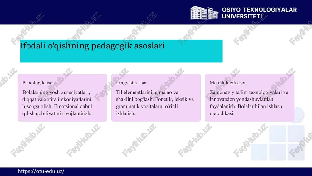 o'nalish sifatida keng qo'llanilmoqda va ijobiy natijalar bermoqda. 2.8 muammoli ta’lim texnologiyalari 18 hamkorlik pedagogikasining asosiy tamoyillari tenglik tamoyili barcha ishtirokchilarning fikr va takliflarini hurmat qilish o'zaro hurmat har bir bolaning shaxsiyatini e'tirof etish va qadrlash hamkorlik muammolarni birgalikda hal qilish va maqsadlarga erishish dialog ochiq muloqot va fikr almashish muhitini yaratish umumiy mas'uliyat natijalar uchun barcha ishtirokchilar javobgarligi 19 2.3 muammoli ta'lim va uning o'ziga xos xususiyatlari muammoli ta'lim - bu bolalarga tayyor bilim berish o'rniga, ularni mustaqil ravishda muammolarni aniqlash va hal qilishga yo'naltiruvchi ta'lim uslubi hisoblanadi. bu yondashuv bolalarning tanqidiy fikrlash, ijodiy yechim topish va mustaqil izlanish qobiliyatlarini rivojlantirishga qaratilgan. maktabgacha ta'lim davrida muammoli ta'lim ayniqsa samarali bo'lib, bolalarning tabiiy qiziquvchanligi va o'rganishga moyilligini to'g'ri yo'naltirishga yordam beradi. 2.9 bolalar bog’chalarida muammoli ta’limdan foydalanish 20 muammoli ta'limning bolalar rivojlanishidagi ahamiyati 85% tanqidiy fikrlash muammoli ta'lim bolalarning tanqidiy tahlil qilish qobiliyatini rivojlantiradi 78% mustaqillik o'z kuchiga ishonish va …