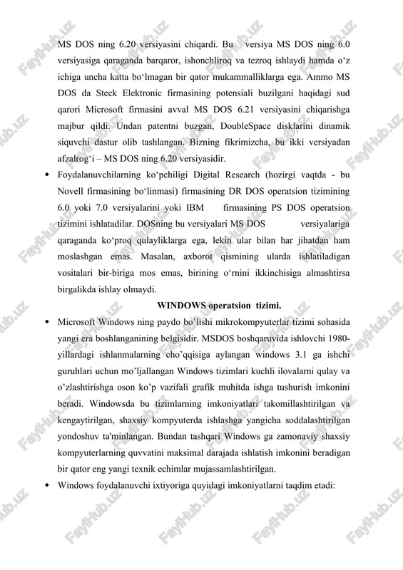berish imkoini beruvchi tarmoq o’rami nishoni (network neighborhood)ning borligi; · tez-tez ishlatiladigan dasturlar, panellar va qujjatlar uchun yorliqlar yaratish imkoni; · ob'ektlarning tizimini sozlashni engillashtiruvchi qususiyatlarining ro’yxati; · hujjatga u yaratilgan ilovani ishga tushurmay nazar tashlash imkonini beruvchi «tez ko’rib chiqish» vositalarining to’plami; · sizning kompyuteringizdagi bo’lganidek, xuddi shuningdek tarmoq serveridan ham hoxlagan axborotni tanlashga yordam beruvchi kuchli izlash dasturi; · siz tasodifan kerakli bo’lgan nimanidir chiqarib tashlaganingizda sizga uni tiklashda qo’l keladigan savatcha (recycle bin); · printerlar va shriftlar bilan ishlash uchun oddiy asboblar; · tizimni o’rnatish va sozlashda foydalanuvchini kuzatuvchi «ustalar» jamoasi (wizards). · unda kontekstli izlash imkoni paydo bo’lgan takomillashtirilgan yordam tizimining mavjudligi. · yangi tizimga o’tish windowsga windowsning oldingi versiyalarining qobiqlari bo’lgan dasturlar dispetcheri (program manager) va fayllar dispetcheri ham kirganliklari tufayli ham osonlashadi. shunisi ham borki, ulardan kimdir uzoq vaqt foydalanishi (agar umuman foydalansa) ehtimoldan uzoq. · fayl nomlari haqidagi ma'lumotlarni qo’llab quvvatlash. siz windows …