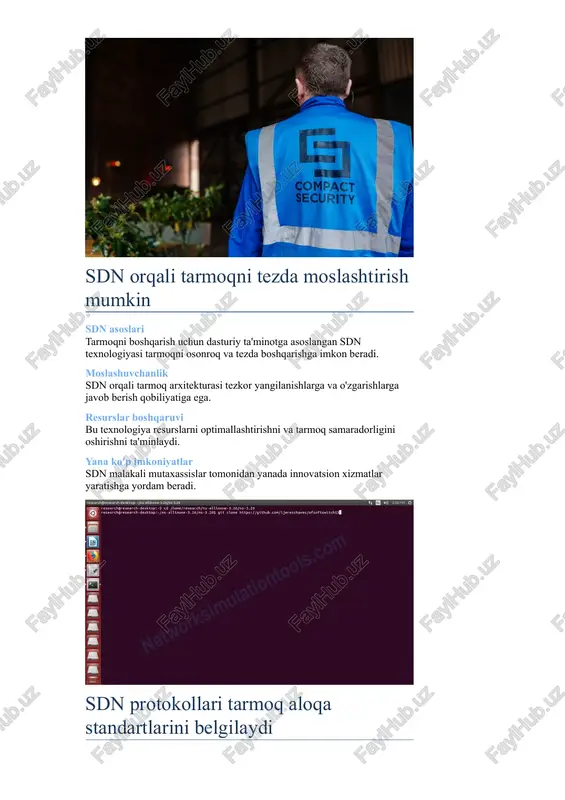 at ko'rsatish sifatini oshiradi va resurslarni optimal ishlatishni ta'minlaydi. xulosa sdn arxitekturasi zamonaviy tarmoqlarda yuqori ish faoliyatini ta'minlashda muhim rol o'ynaydi. u samaradorlikni oshiradi va tarmoqni boshqarishni yengillashtiradi. sdn foydalanuvchi tajribasini yaxshilashda yordam beradi sdn asoslari sdn (dasturiy ta'minot asosidagi tarmoq) tarmoq boshqaruvini soddalashtiradi va shaffoflikni oshiradi. bu, o'z navbatida, foydalanuvchilarga yuqori sifatli xizmatlar taqdim etishga imkon beradi. moslashuvchanlik imkoniyatlari sdn foydalanuvchilarning ehtiyojlariga mos keladigan tezkor o'zgartirishlar kiritishga imkon beradi. tarmoqni boshqarish jarayonida moslik va samaradorlik ortadi. qayta ishlash imkoniyatlari sdn orqali tarmoq resurslarini optimal taqsimlash amalga oshiriladi. bu jarayonda foydalanuvchilarning tajribasi sezilarli darajada yaxshilanadi. natijalar tahlili sdn tarmoq monitoringini osonlashtiradi. foydalanuvchilarning tajribasi haqida ma'lumotlar to'planadi va tahlil qilinadi, ko'proq qo'shimcha takliflarni ishlab chiqishga yordam beradi. sdn tarmoqda muammolarni tezda aniqlash imkonini beradi sdn ning asosiy afzalliklari sdn (dasturlashtiriladigan tarmoq) ob'ektlar va ma'lumotlar oqimlarini real vaqt rejimida boshqarishga imkoniyat yaratadi. u o'zgaruvchan vaziyatlar uchun moslashuvchanlikni ta'minlaydi. muammolarni aniqlash jarayoni sdn …