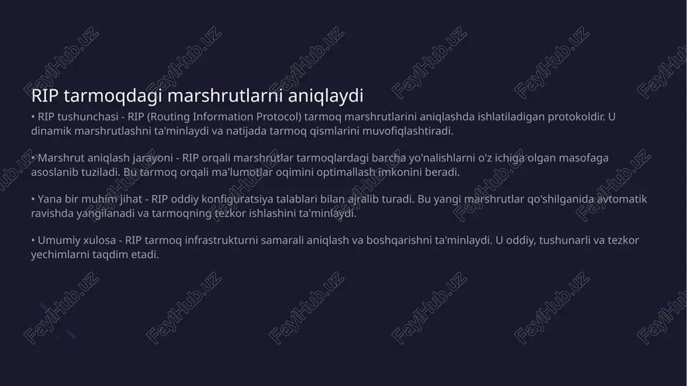 ifatida qabul qilingan. tarmoq administratorlari buni takomillashtirish funktsiyasi sifatida qo'llaydi. rip protokoli tarmoqda oddiy va samarali • rip protokoli haqida ma'lumot - rip protokoli, tarmoqda yo'nalishlarni boshqarishda keng qo'llaniladi. bu protokol oddiyligi va foydalanish osonligi bilan ajralib turadi. • ishlash mexanizmi - rip protokoli, masofalar bo'yicha yo'nalishlarni aniqlash uchun metrlarni hisobga oladi. uning asosiy printsipi, eng qisqa yo'lni tanlashga asoslangan. rip marshrutlash jarayonini avtomatlashtiradi • rip protokoli - rip - routing information protocol marshrutlashda keng tarqalgan protokoldir. ushbu protokol ma'lumotlarni tezyuqlikda almashinish imkonini beradi. • avtomatlashtirish jarayoni - rip avtomatlashtirish jarayoni tarmoqni boshqarishni osonlashtiradi. bu jarayon operatorlar uchun vaqtni tejashga yordam beradi. • qayta tuzish - rip marshrutlarni avtomatik ravishda yangilaydi va o'zgartiradi. bu tarmoqning barqarorligini ta'minlaydi. • natija - rip yordamida tarmoqlar oson boshqariladi. bu texnologiya zamonaviy tarmoq muhitida muhim ahamiyatga ega. xulosa: rip (routing information protocol) protokoli tarmoqda marshrutlarni boshqarishda ishlatiladigan oddiy va samarali vositadir. u tarmoq qurilmalari …