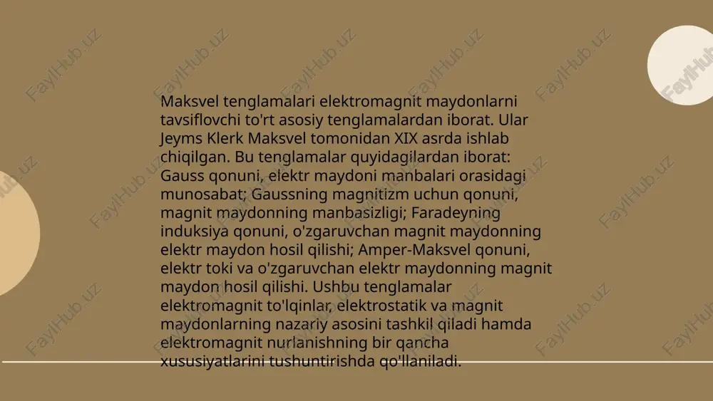 ni kashf etishga yordam berdi. u faradey kafedralari, faradey kafedralari qatlami va faradey qafaslari kabi ko'plab kashfiyotlarga asos solgan. uning ishlari zamonaviy elektr energiyasi va texnologiyalar asosidir. ... t.me/slaydai_bot elektromagnit to'lqinlar elektr va magnit maydonlarning o'zaro ta'sir qilishidan hosil bo'ladigan to'lqinlardir. ular vakuumda yorug'lik tezligida (taxminan 300,000 km/s) harakatlanadilar. elektromagnit spektr turli to'lqin uzunliklaridan iborat bo'lib, radio to'lqinlar, mikroto'lqinlar, infraqizil, ko'rinadigan yorug'lik, ultrabinafsha, rentgen va gamma-nurlarni o'z ichiga oladi. ko'rinadigan yorug'likning to'lqin uzunligi taxminan 400 dan 700 nanometrgacha oraliqda. radioto'lqinlar esa bir necha millimetrdan minglab kilometrgacha bo'lishi mumkin. elektromagnit to'lqinlar telekommunikatsiya, tibbiyot, astronomiya va boshqa ko'plab sohalarda qo'llaniladi. ... t.me/slaydai_bot o'zgaruvchan tok generatorlari 13. o'zgaruvchan tok generatorlari elektr energiyasini ishlab chiqarish uchun ishlatiladi. bu generatorlar mexanik energiyani elektr energiyasiga aylantiradi. o'zgaruvchan tok (ac) generatorlarining asosiy qismi rotor va statordir. tarkibiy qismlar aylanish natijasida elektromagnit induksiya hosil qiladi, natijada elektr tok ishlab chiqariladi. o'zgaruvchan tokning chastotasi 50 hz yoki 60 hz …