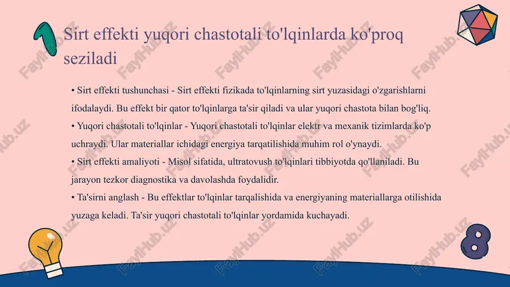 tadi. • kuchlarning ta'siri - materiallar yuzasida kuchlar mexanik xususiyatlarini o'zgartiradi. qattiq va suyuq holatdan kelib chiqadigan farqlar kuzatiladi. sirt effekti fizikaviy xususiyatlar bilan bog'liq • sirt effekti - sirt effekti – zarralarning sirt maydonidagi fizikaviy o'zgarishlaridir. bu effekt, atrof-muhit bilan zarralar o'rtasida energiya almashish jarayoniga ta'sir qiladi. • zarralar va energiya - zarralarning o'lchamlari kichik bo'lganda, sirt maydoni ularning jami hajmining katta qismini egallaydi. bu sirt va ichki xususiyatlar o'rtasidagi munosabatni kuchaytiradi. • fizikaviy xususiyatlar - sirt effekti fizikaviy xususiyatlarga: qattiqlik, o'tkazuvchanlik va kimyoviy reaktivlik kabi ko'plab aspektlarga ta'sir etadi. bu holat materialning sifatini belgilaydi. • amaliy ahamiyati - sirt effekti to'g'ri bilimlar bilan modellar yaratishda, nanomateriallar va katalizatorlar sohasida muhim ahamiyatga ega. bu bilimlar yangi texnologiyalar rivojida foydalaniladi. sirt effekti simmetriya va asimmetriya bilan bog'liq • simmetriya tushunchasi - simmetriya ob'ektning yoki tizimning tenglik va bir-biriga o'xshashligini ifodalaydi. bu, asosan, ko'rinish va tuzilishdagi yaxshi muvozanatni ta'minlaydi. • asimmetriya …