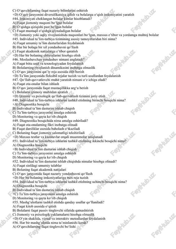 a? a) faqat jismoniy rivojlanishning sekinlashishi b) faqat eshitish qobiliyatining buzilishi c) faqat nutq rivojlanishidagi kechikish +d) rivojlanish va intellektual qobiliyatlarning chegaralangan holati #31. gospital pedagogikasi nimaga yordam beradi? a) bolaning kasallikni tezroq unutishiga b) bolaning ta’lim olishdan voz kechishiga c) bolaning ruhiy holatiga salbiy ta’sirni kuchaytirishga +d) kasallik va davolanish jarayonining bolaning ruhiy holatiga salbiy ta’sirini yumshatishga #32. tug‘ma oligofreniyaning sabablaridan biri nima? a) faqat noto‘g‘ri ovqatlanish b) faqat bolaning atrof-muhitga moslashishi c) faqat o‘qitish metodlarining noto‘g‘ri tanlanishi +d) rezus faktorning to‘g‘ri kelmasligi, xromosom kasalliklari, fenilketonuriya #33. gospital pedagogikasi doirasida o‘qituvchining vazifasi nima? a) faqat bolalarning xulq-atvorini nazorat qilish b) bolalarga mustaqil o‘rganish imkoniyatini berish, lekin dars o‘tmaslik c) faqat o‘quv materiallarini berib, ularni mustaqil o‘qishga undash +d) o‘qish jarayonini tashkil qilish, o‘quv materiallarini tushuntirish, bilim va ko‘nikmalarini baholash #34. daun sindromi qanday sabab bilan yuzaga keladi? a) faqat noto‘g‘ri ovqatlanish natijasida b) faqat bolaning atrof-muhitga moslashishi tufayli c) …
