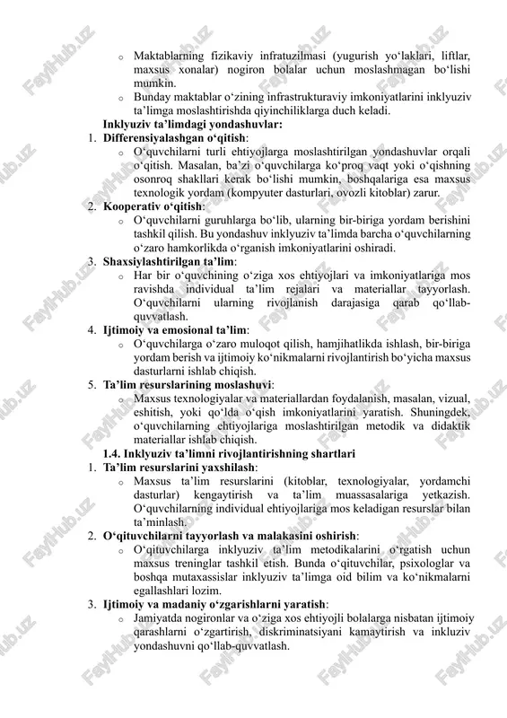 kerak. 5. infrastruktura muammolari: · maktablarning fizikaviy infratuzilmasi (yugurish yo‘laklari, liftlar, maxsus xonalar) nogiron bolalar uchun moslashmagan bo‘lishi mumkin. · bunday maktablar o‘zining infrastrukturaviy imkoniyatlarini inklyuziv ta’limga moslashtirishda qiyinchiliklarga duch keladi. inklyuziv ta’limdagi yondashuvlar: 1. differensiyalashgan o‘qitish: · o‘quvchilarni turli ehtiyojlarga moslashtirilgan yondashuvlar orqali o‘qitish. masalan, ba’zi o‘quvchilarga ko‘proq vaqt yoki o‘qishning osonroq shakllari kerak bo‘lishi mumkin, boshqalariga esa maxsus texnologik yordam (kompyuter dasturlari, ovozli kitoblar) zarur. 2. kooperativ o‘qitish: · o‘quvchilarni guruhlarga bo‘lib, ularning bir-biriga yordam berishini tashkil qilish. bu yondashuv inklyuziv ta’limda barcha o‘quvchilarning o‘zaro hamkorlikda o‘rganish imkoniyatlarini oshiradi. 3. shaxsiylashtirilgan ta’lim: · har bir o‘quvchining o‘ziga xos ehtiyojlari va imkoniyatlariga mos ravishda individual ta’lim rejalari va materiallar tayyorlash. o‘quvchilarni ularning rivojlanish darajasiga qarab qo‘llab-quvvatlash. 4. ijtimoiy va emosional ta’lim: · o‘quvchilarga o‘zaro muloqot qilish, hamjihatlikda ishlash, bir-biriga yordam berish va ijtimoiy ko‘nikmalarni rivojlantirish bo‘yicha maxsus dasturlarni ishlab chiqish. 5. ta’lim resurslarining moslashuvi: · maxsus texnologiyalar va materiallardan …
