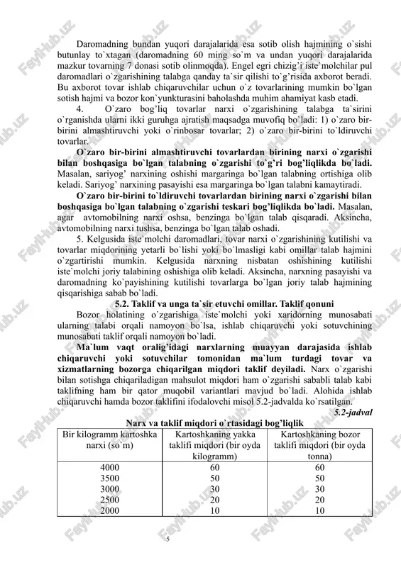 idan chuqur tadqiq etilgan. shunga ko`ra, iste`molchilar daromadi bilan ular tomonidan sotib olinishi mumkin bo`lgan tovarlar miqdori o`rtasidagi o`zaro bog’liqlik engel’ qonuni deyiladi. bu qonunning amal qilishini engel’ egri chizig’i orqali ifodalash mumkin (5.2-chizma). oliy toifali yoki normal tovarlar uchun engel egri chizig’i o`suvchan ko`rinishida bo`ladi. haqiqatan ham, aholi daromadlari o`sib borishi bilan bu turdagi tovarlar ko`proq xarid qilinadi. past toifali tovarlar uchun engel egri chizig’i pasayuvchan ko`rinishda bo`lib, daromadlar oshib borishi bilan iste`molchilar ularni kamroq miqdorda sotib oladilar. agar tovarning iste`moli daromad darajasiga bog’liq bo`lmasa, u holda engel egri chizig’i tik holda bo`ladi. chizmadan ko`rinadiki, iste`molchining bir oylik daromadi 10 ming so`mdan 20 ming so`mga oshganda, u sotib olgan mahsulot miqdori 1 donadan 2 donaga, 20 ming so`mdan 30 ming so`mga oshganda 2 donadan 4 donaga oshmoqda. daromadlarning keyingi o`sishi bilan tovarlar sotib olish hajmining o`sishi sekinlamoqda: 30 ming so`mdan 40 ming so`mgacha – 4 donadan 6 donagacha, 40 …