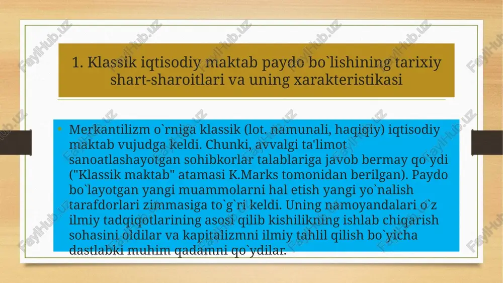 a o`g`liga topshirdi; o`zini "qishloq xo`jaligining advokati - himoyachisi" deb atadi. olimning tadqiqot predmetini qisqacha qilib jamoat boyligi konsepsiyasidan iborat deyish mumkin. bu boylik pulning fizik massasi bilan emas, balki turli-tuman foydali boylik va buyumlardan, masalan, non, vino, go`sht, kiyim-kechak va boshqalardan iboratdir. hatto yerga va pulga egalikning o`zi boylikni ta'minlaydi. agar yer ishlanmasa, pul esa hayot uchun zarur ashyolar (masalan, oziq-ovqat va kiyim-kechak) aralashtirilmasa bunday "boylik" egasi qashshoqlikka mahkum etiladi. adam smitdan ancha oldin shaxsiy manfaat (egoizm)ning jamiyat uchun ahamiyatini ko`ra bildi. 1691 yilda u fransiyani og`ir iqtisodiy ahvoldan chiqarish tizimini taklif etdi. dastlabki fikrlari bo`yicha turli islohotlar o`tkazib ,ular burjuademokratik xarakterga ega bo`lishi kerak edi. buagilber inqiroz xodisasini xo`jalikning ichki qonuniyatlari bilan emas, balki yomon davlat siyosati bilan bog`laydi. uningcha, yaxshi siyosat olib borish yo`li bilan talab kamomadini hal etish va inqirozlarni chetlab o`tish mumkin. bu masala juda murakkab bo`lib, seyga tegishli (buni keyin qarab chiqamiz) "bozorlar qonuni"ga …