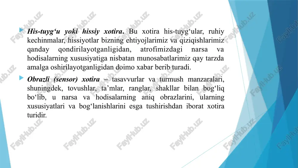 g xossalarini o‘ziga xos xususiyatlarini sezgi organlari yordamida, sezgilar orqali biladi. ch.sherrington sezgilarni quyidagicha klassifikatsiya qiladi: tashqi muhitdagi narsa va hodisalarning xususiyatlarini aks ettirishga moslashgan hamda retseptorlarga tananing sirtqi qismiga joylashgan eksterioretseptiv sezgilar (retseptorlar); ichki tana a’zolari holatlarini aks etuvchi hamda retseptorlari ichki tana a’zolarida, to‘qimalarida joylashgan interioretseptiv sezgilar; tana va gavdaning holati hamda harakatlari haqida ma’lumot (axborot, xabar) beruvchi, muskullarda, bog‘lovchi paylarda, mushaklarda joylashgan proprioretseptiv sezgilar. sezgi turlarining psixologik tavsifi: 1. ko‘rish sezgilari. inson tomonidan rang va yorug‘likni sezish ko‘rish sezgilari tarkibiga kirib, uning organi – ko‘z hisoblanib, u ko‘z soqqasi va undan chiqib keladigan ko‘ruv nervlaridan tashkil topgan. 2. eshitish sezgilari tovushlarni eshitishdan iborat bo‘lib, musiqaviy va shovqinli tovushlarni aks ettiradi. odatda tovushlar oddiy va murakkab turlarga ajratiladi, ularning birinchisi bir tondan ikkinchisi esa bir necha tonlardan tashkil topadi. 3. hid bilish sezgilariga hidlarni his qilish kiradi va ular­ning opgani burun kovagining yuqori tomoni hisoblanib, bu erda hid …