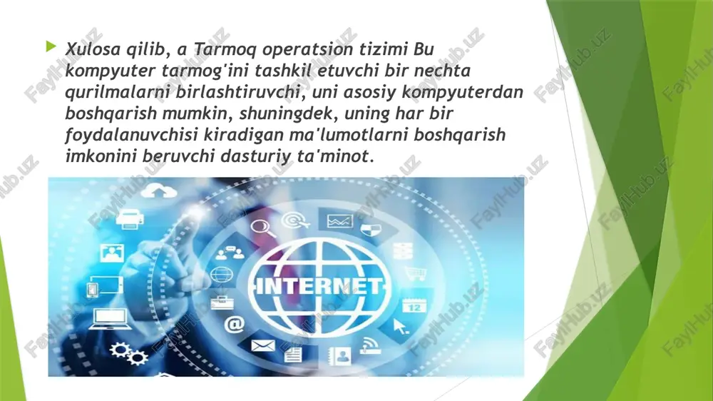 kanali orqali internet xizmatidan foydalanishni tashkil etish xizmati web server – veb sahifalarni joylashtirish, boshqarish va ulardan foydalanishni tashkil etish hamda foydalanuvchilar so’rovlariga ishlov berish xizmati trafik – internet aloqa kanallari orqali uzatiladigan ma’lumotlar oqimining hajmi shlyuz (gateway) –tugun(uzlovoy) kompyuter. bu bir tarmog’idan boshqa tarmoqning resusrlariga murojaat qilish imkonini beradi va yuboriladigan ma’lumotlarni mosligini ta’minlaydi. masalan, pochta xabarlari. modem tushunchasi va uning vazifasi. modem modulyator-demodulyator so‘zlarining qisqartmasi hisoblanadi. ushbu qurilmaning asosiy vazifasi kompyuterdan olingan raqamli signalni uzatish uchun analog shakliga aylantirish va qabul qilingan signalni analog shakldan raqamli shaklga qaytarish hamda aloqa kanallari bo‘ylab uzatishdan iborat. modem signalni (axborot) telekommunikatsiya kanallar bo‘ylab uzatishni ta’minlaydi. modem yordamida internetda oddiy analog telefon tarmog‘i orqali bog‘lanish mumkin. bunday modemlarning nazariy jihatdan eng yuqori foydalanish tezligi 56 kb/sek. ni tashkil etadi. modem ichki va tashqi turlarga bo‘linadi va har ikkalasi ham internetga yoki telekommunikatsiya tarmoqlariga ulanish uchun xizmat qiladi. internet provayderlari va ularning vazifalari. …