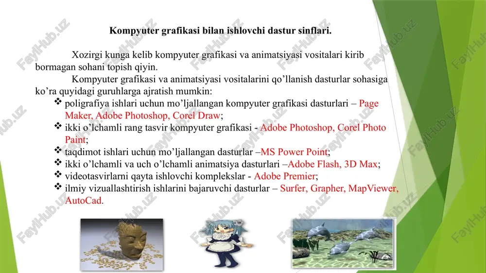 va blue – ko'k birlamchi ranglarning bosh xarflaridan olingan bo'lib, ushbu ranglarning turli proportsiyalarda aralashtirish natijasida ko'rinuvchi spektrning turli xil boshqa ranglarini olish mumkin. birlamchi ranglarning aralashmasidan ikkilamchi moviy (cyan), pushti (magenta) va sariq (yelow) ranglar xosil bo'ladi. rgb modelining tashkil etuvchilari 0 dan 255 gacha qiymat qabul qilishlari mumkin. r=255, g=255, b=255 bo'lganda oq rang, r=0, g=0, b=0 bo'lganda esa qora rang xosil qilishimiz mumkin. cmyk (xavorang, purpur, sariq, qora) tasvir xavorang, purpur, sariq va qora ranglar xamda ular ko’rinishlari holatlarida saqlanadi. asosan printerlarda tasvirlar chiqarishda qo’llaniladi. cmyk modeli bo'yoqlarning nurini yutish qobiliyatiga asoslangan. oq rangning nur o'tuvchi bo'yoqdan o'tishida spektrning bir qismi yutiladi. yutilmagan nur qaytadi va odam ko'ziga tushadi. ranglar moviy (cyan), pushti (magenta) va sariq (yellow) ranglar aralashmasidan paydo bo'ladi. ularning to'liq aralashmasidan qora (black) rang xosil bo'ladi. modelining tashkil etuvchilari 0 dan 100 gacha qiymat qabul qilishlari mumkin. adabiyotlar: m.aripov, m.muhammadiyev. informatika, informatsion texnologiyalar. darslik.t. …