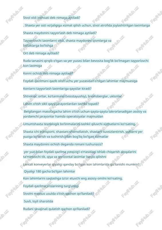 ka qilish yoki foydali qazilma yotqizig’ini ochish maqsadida barpo qilinadigan kon laximi bu….. shtolniya xar ikki tomoni yer yuzi bilan bevosita tutashadigan yer osti gorizontal kon laximi bo’lib, asosan transport ishlarini bajarishga xizmat qiladigan kon laximi bu…. tunnel kon yotqiziqlari (qatlamlari) cho’ziqligiga perpendikulyar o’tkaziladigan, yer yuzi bilan bevosita tutashmaydigan gorizontal kon laximi bu….. kvershlag yer yuzi bilan tutashmaydigan gorizontal kon lahimi bo’lib, shaxta maydonidagi foydali qazilma zaxirasining bir qismini qazishga tayyorlash uhun barpo etiladigan kon laximi bu…. shtrek stvol mustaxkamlagichlari qalinligi 300 va 400mm bo’lgan ______ =monolit betondir barcha stvollarda yo’naltiruvchilar yaruslari orasidagi masofa __ m ga teng. =4 tik stvollarni o’tishning texnologik sxemasi quyidagicha =ketma-ket, parallel, aralash, parallel-shitli suv chiqaruvchi ariqchalar transhyasimon shaklga ega bo’lib, rudnik xududidagi suv to’plovchi xavza yo’nalishida ______ qiyalikda bo’ladi =0,0030 stvollarni jaylashtirsh sxemalari =markaziy juftlashgan, markaziy chetlashgan, aralash va flangli “kon laximlarini o’tish texnologiyasi” fanidan testlar: 1. ruda deb nimaga aytiladi? a. foydali metall …