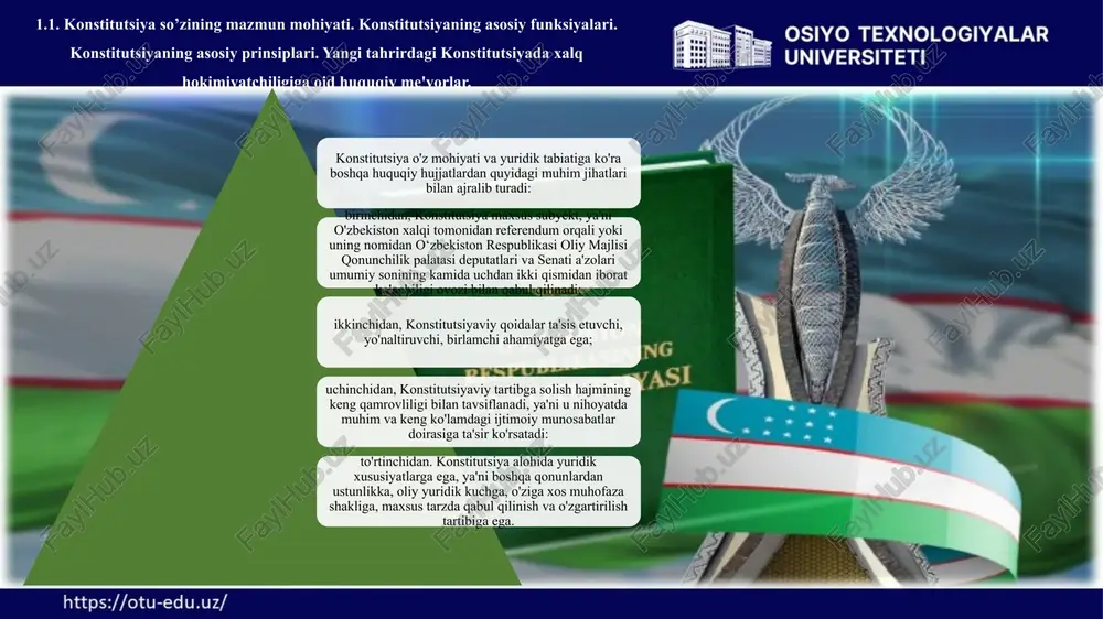 spublikasi konstitutsiyasining muqaddimasida o‘zbekiston xalqi huquqiy davlat barpo etishni ko'zlagani qayd qilingan. huquqiy davlatning muhim va ajralmas belgisi - bu qonun ustuvorligi hisoblanadi. konstitutsiyaning to‘g‘ridan to‘g‘ri amal qilishi - davlat organlari, ularning mansabdor shaxslari, shu jumladan, sudlar tomonidan konstitutsiya normalarini huquqni qo'llash amaliyotida bevosita qo’llagan holda qarorlar qabul qilishini ko'zda tutadi. 1.2. yangi konstitutsiyada konstitutsiya va qonunning ustunligi. insonning huquq va erkinliklari tushunchasi. barcha inson huquqlari umuminsoniy qadriyat hisoblanadi. ular bo‘linmasdir, ularni bir-biridan ayri tasavvur qilib bo‘lmaydi va ular bir-biri bilan chambarchas bog‘liq. xalqaro hamjamiyat inson huquqlariga umumjahon miqyosida bir xil asoslarda va ularga bir xil urg‘u berib, odil va teng munosabatda bo‘lishi kerak. milliy va mintaqaviy xususiyatlar, turli xil tarixiy, madaniy va diniy jihatlarning muhim ahamiyati hisobga olinishi zarur bo‘lsa-da, siyosiy, iqtisodiy va madaniy tizimlardan qat’iy nazar inson huquqlari va asosiy erkinliklarini himoya qilish va targ‘ib etish barcha davlatlarning majburiyati hisoblanadi. 1.3. konstitutsiyada belgilangan insonning asosiy huquq va erkinliklari. …
