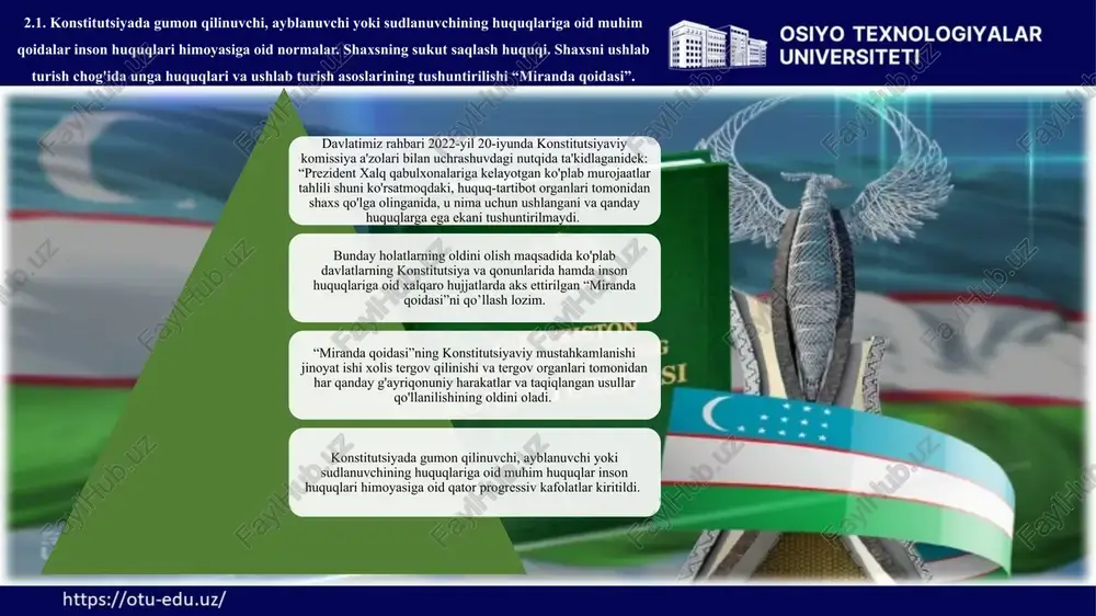 unga nisbatan oqlov hukmi chiqariladi. aytish mumkinki, mamlakatimiz sudlari tomonidan so'nggi 6 yilda 4 ming 700 nafardan ortiq fuqaro oqlangan. bunday normalar ozarbayjon, chexiya, gruziya, xorvatiya, yaponiya, slovakiya va boshqa davlatlar konstitutsiyalarida o'rin olgan. konstitutsiyada aybsizlik prezumpsiyasidan kelib chiqadigan yana bir muhim kafolat, ya'ni “gumon qilinuvchi, ayblanuvchi yoki sudlanuvchi o'zining aybsizligini isbotlashi shart emas va istalgan vaqtda sukut saqlash huquqidan foydalanishi mumkin, degan qoida mustahkamlandi. aytish muhimki, jinoyatni fosh etish va uni sodir etgan shaxslami aniqlash vazifasi kabi jinoyat bo'yicha isbotlash majburiyati ham to'laligicha tergov organlariga yuklatilgan. jumladan, dastlabki tergovda shaxsga nisbatan ayblov surishtiruvchi va tergovchi tomonidan e'lon qilinib, tergov harakatlari olib boriladi. 2.2. gumon qilinuvchi, ayblanuvchi, sudlanuvchi va mahkumning huquqiy himoyasini ta'minlashda aybsizlik prezumpsiyasi. xalqaro hayotda ta'lim olish huquqi poydevori va kafolatlarining yaratilishi. 2.2. gumon qilinuvchi, ayblanuvchi, sudlanuvchi va mahkumning huquqiy himoyasini ta'minlashda aybsizlik prezumpsiyasi. xalqaro hayotda ta'lim olish huquqi poydevori va kafolatlarining yaratilishi. gumon qilinuvchi, ayblanuvchi, sudlanuvchi o‘zining …