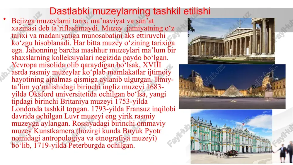 giyasi, numizmatikasi, etnografiyasi, flora, fauna dunyosiga oid ajoyib kolleksiyalar bilan to‘ldirib oldilar. shu munosabat bilan tarqoq kolleksiyalarni birlashtirish va ularni peterburgga jo‘natish uchun saralash markazi lozim bo‘lib qoldi. buning uchun eng qulay markaz muzey hisoblanib, o‘lkada muzey tashkil etish masalasi ko‘tarildi. jumladan, a. p. fedchenko turkiston general gubernatoriga tayyorlagan axborotda «turkistonni muvaffaqiyatli rivojlantirish uchun u bilan asosli ravishda tanishib chiqish kerak, muzey esa buning eng yaxshi vositasidir», deb yozgan edi. kattaqo’rg’on shahar tarixi o’lkashunoslik muzeyi zarafshon daryosining o’rta oqimida vodiyning markaziy qismida joylashgan kattaqo’rg’on avval sug’diy, nimsug’da, sug’di xurd, keyinchalik miyonqol nomi bilan atalgan. miyonqolda joylashgan kattaqo’rg’onning qadimiy davri haqida etnografik, topografik ma’lumotlar mavjud. kattaqo’rg’on shahrining qadimiy “buyuk ipak yo’li” da joylashgani, shaharda hunarmandlik va kosiblik, savdo-sotiq ishlari rivoji, shahar atrofidagi tepaliklar, muqaddas joylar va ularning paydo bo’lishi haqidagi ma’lumotlar ko’pchilikni qiziqtirishi tabiiy. ushbu muzeyda tariximiz va madaniyatimizga oid bo’lgan ko’plab eksponatlar mavjud. kattaqo’rg’on shahar tarixi o’lkashunoslik muzeyi 1974- yilda …