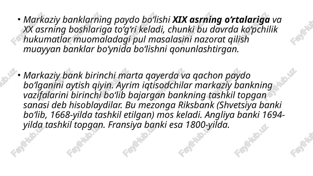 ash, aholi va tadbirkorlik sub'yektlarining moliyaviy savodxonligini oshirish; bank, pul-kredit statistikasi shakllantirish va e'lon qilish; tashqi sektor statistikasi, shu jumladan to‘lov balansi, xalqaro investitsiya pozitsiyasi, o‘zbekiston respublikasining tashqi qarzlari, zaxiraviy aktivlari va valyuta kurslarini shakllantirish va e'lon qilish; o‘zbekiston respublikasining xalqaro zaxiralarini boshqarish, hisobga olish va saqlash. markaziy bank quyidagi huquqlarga ega emas: moliyaviy yordam ko‘rsatish bilan shug‘ullanish; tijorat faoliyati bilan shug‘ullanish; uchinchi shaxslarga, shu jumladan o‘zbekiston respublikasi hukumatining majburiyatlari bo‘yicha kafolatlar berish; banklar va boshqa yuridik shaxslarning kapitalida ishtirok etish, bunda valyuta birjasi kapitallaridagi ishtirok etish istisnodir. markaziy bank o‘zbekiston respublikasi prezidentiga va o‘zbekiston respublikasi oliy majlisi senatiga hisobot beradi. o‘zbekiston respublikasi prezidentining taqdimnomasiga binoan markaziy bank raisini lavozimga tayinlaydi va lavozimidan ozod qiladi; yillik hisobotni, shuningdek auditor xulosasini ko‘rib chiqadi. markaziy bank o‘z vakolatlari doirasida qarorlarni qabul qilishda mustaqildir. davlat markaziy bankning va markaziy bankning davlatning majburiyatlari bo‘yicha, agar ular o‘zlari bunday majburiyatlarni o‘z zimmalariga olgan bo‘lmasa yoki …