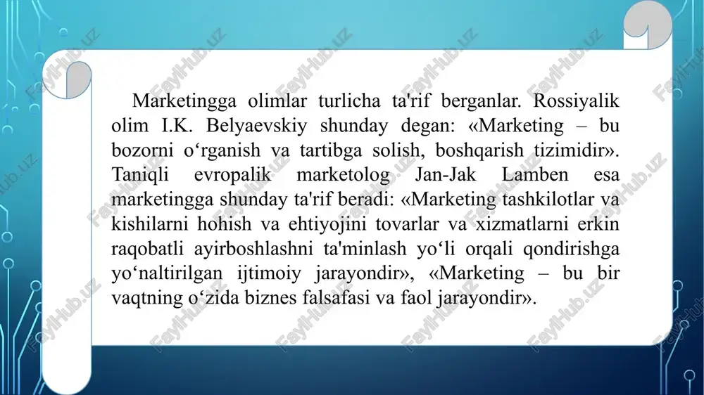 lini rivojlantirish sotish siyosati tovarlar sotish intensifikasiyasi 1960-1980 sof marketing konsepsiyasi iste'molchiga nima kerak boʻlsa oʻshani ishlab chiqarish marketing miks kompleksi, iste'molchini tadqiq qilish maqsadli bozorni xohish- ehtiyojlarini tadqiq etish 1980-1995 ijtimoiy yoʻnaltirilga n marketing konsepsiyasi jamiyat talablarini hisobga olgan holda iste'molchiga kerak boʻlgan tavrlarni ishlab chiqarish marketing miks kompleksi, ishlab chiqariladigan tovar va xizmat ishlab chiqarish, iste'molchi bilan bogʻliq bulgan ijtimoiy va ekologik oqibatlarni tadqiq etish maqsadli bozorni xohish-ehtiyojlari- ni qondirish 1995 yildan shu davrgacha marketingni oʻzaro aloqaviy konsepsiyasi biznes boʻyicha sheriklar va iste'molchilarni kondiradigan tovarlar ishlab chiqarish marketing miks kompleksi, integrasiya va tarmoqli taxlil, koordinasiya uslubi maqsadli bozorni xohish- ehtiyojlarini qondirish sof marketing konsepsiyasi bozor xaridorlar ehtiyoji marketing chora tadbirlari kompleksi xaridorlar ehtiyojini qondirish orqali foyda olish 1.4. marketing elementlari tarkibi va marketing–miks tushunchasi marketologlar tayyorlash tizimida marketing kompleksi 4 «p» deb nomlanib, djeremi makkarti tomonidan 1960 yilda bu model taklif etilgan. ushbu modelda marketingning toʻrtta asosiy elementlari …