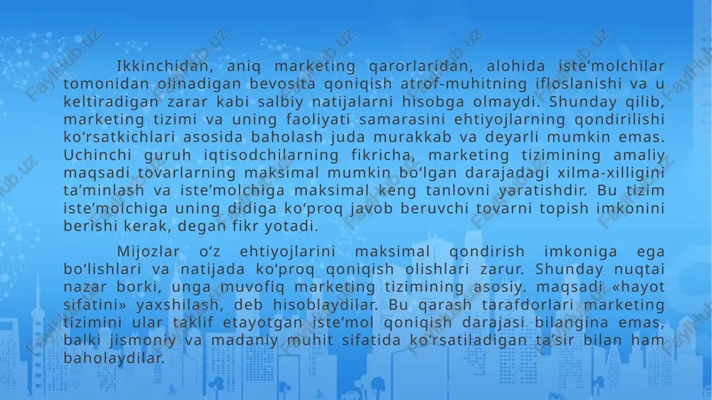 digan va harakat qiladigan muhitdir, u korxonaning o‘ziga bevosita bog‘liq. korxona boshqaruv tashkilotlari rivojlanganlik darajasi, moddiy-texnika ta’minoti xizmati, xaridorlarga xizmat qilish tizimi, ilmiy-tadqiqot, konstruktorlik ishlari, infrastruktura tarkibining darajasi kiradi. marketologlarning muvaffaqiyatli ishlashi uchun qulay mikromuhit yaratish korxonaning o‘z qo‘lidadir. makromuhit esa korxona chegarasidan tashqarida mavjud bo‘ladi, shakllanadi va namoyon bo‘ladi. ko‘p hollarda ular global miqyosda namoyon bo‘ladi va mikromuhitga ta’sir qiladi. bu guruhga ishlab chiqarish kuchlarining rivojlanishi va joylashishi, ixtisoslashganlikning rivojlanganligi, texnika, texnologiya darajalari kiradi. shunday qilib, mikromuhit marketing faoliyati darajasiga ta’sir qilishi korxonaning o‘ziga bog‘liq bo‘lsa, makromuhit yaratilishi iqtisodiyotning rivojlanishi, siyosat va davlatga bog‘liq bo‘ladi. makromuhitning ba’zi omillari mamlakatdagi ijtimoiy ishlab chiqarishni to‘xtatishi yoki uning samaradorligini oshirishi mumkin. masalan, o‘zbekiston uchun iqtisodyotga salbiy ta’sir etuvchi omillar: yuqori saviyali ishchi kuchining etishmasligi, suv, energetika zaxiralarining cheklanganligi, havoning ifloslanishi, respublika katta hududining zilzilaga moyilligi. qulay omillar: ishchi kuchi migrasiyasining kamligi, rivojlangan bozor infrastrukturasi va boshqalar. bu narsa ijtimoiy ishlab chiqarish va …