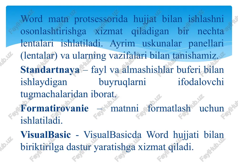 rqatish vositasi bo’lib hizmat qilmoqda. bu protsessorning oxirgi laxjalari fayllarni gipermatnli formatlarda (.html yoki .htm) xam saqlash imkoniyatiga ega. word matn protsessorida hujjat bilan ishlashni osonlashtirishga xizmat qiladigan bir nechta lentalar (uskunalar panellari) ishlatiladi. bu foydalanuvchilar uchun juda qulaydir. lentalarni sozlash o’zimizni qo’limizda. ayrim lentalar va ularning vazifalari bilan tanishamiz. adabiyotlar ro’yxati michael karbo. pc architecture, michael karbo and eli aps., 2005. john l. hennessy, david a. patterson. computer architecture. a quantitative approach. morgan kaufmann publishers, san francisco, 2006. katherine m. first look office 2010. microsoft press. podrazdelenie korporatsii maykrosoft. one microsoft way. redmond, washington 41-60p. © korporatsiya maykrosoft (microsoft corporation), 2010. image2.png image3.png image4.png /docprops/thumbnail.jpeg