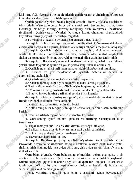 ilona taqsimlashga o’rgatish; · tengdoshlari bilan ahil o’ynay olish madaniyatini tarbiyalash; · ahil jamoani shakllantirish: mustaqil o’ynash va o’yinni oxiriga yetkazish, o’yin jarayonidagi kelishmovchilik, bahslarni oqilona hal eta olish malakalarini tarbiyalash; · kattalarning o’yinga ta’sir etishi — maslahat berishi, tushunchalarini to’ldirish, o’yinga to’laqonli yordam berish; · bolalarning o’yin faoliyatlarini, axloqiy munosabatlarni baholash. sahnalashtirish o’yinlarining o’ziga xos xususiyatlari. sahnalashtirish o’yinlari, bu bolalarning mustaqil ijodiy o’yin turi bo’lib, unda badiiy asar va hikoyalar bolalar tomonidan rollarga bo’lib ijro etiladi. bu o’yinlar bolalarda iroda, intizom va o’z xatti-harakatlarini boshqara olish, boshqalarning harakatlari bilan hisoblashish kabi ijobiy ma’naviy xislatlarni shakllantiradi. sahnalashtirish o’yinlarida bolalar o’yin jarayoniga kirib boradilar, voqea va ertak qahramonlarining ichki hayotiga bevosita aloqador bo’lgan qahramonlik, jasurlik, mehribonlik, jonbozlik, jonkuyarlik kabi ijobiy fazilatlarni o’zlarida yaqqol namoyon qiladilar. bu jarayonda bolalarning nutq faolligi, lug’at boyligi, dunyoqarashi kengayib boradi. sahnalashtirish uchun badiiy asar, ertaklar tanlash katta yoshdagilardan bolalarning yosh xususiyatlari, qiziqishlari, istaklarini hisobga olishni talab …