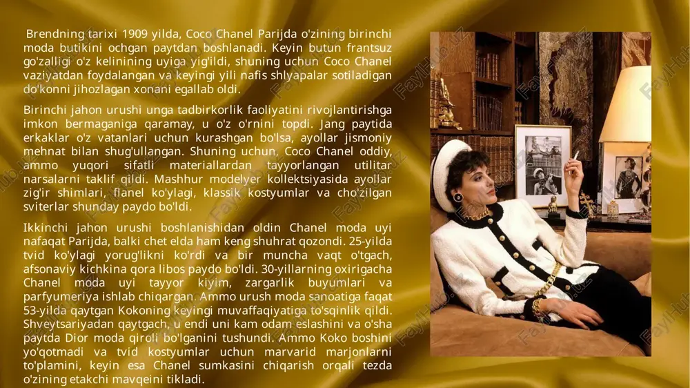 da oilaviy korxona sifatida qo'shildi , ularning har biri 20 foizlik aksiyalarga egalik qiladi . karl lagerfeld 1965 - yilda fendi kompaniyasiga qo'shildi.shundan so'ng u , mo'yna va ayollar tayyor kiyim kolleksiyalarining kreativ direktori bo'ldi . dior dior modalar uyi 1946 - yil 16 - dekabrda parijdagimontaigne 30 - ko'chada tashkil etilgan . biroq , hozirgi dior korporatsiyasi ochilish yili sifatida ,, 1947 " yilni nishonlaydi . [ 5 ] diorni moliyaviy jihatdan boy tadbirkor marcel boussac qo'llab - quvvatlagan . [ 6 ] boussac dastlab diorni philippe et gaston uchun dizayn qilishga taklif qilgan edi , ammo dior eski brendni qayta tiklashdan ko'ra o'z nomi bilan yangi boshlanishni xohlab , rad etdi . yangi moda uyi boussac tomonidan boshqariladigan ,, vertikal integratsiyalangan to'qimachilik biznesi " ning bir qismiga aylandi . [ 8 ] uning kapitali 6 million frank va ishchi kuchi 80 kishi edi . [ 9 ] bu …