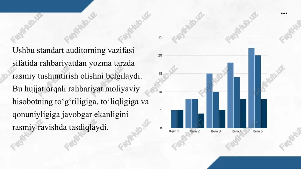 obgarlik va ishonch muvozanatini ta’minlaydi. bu standart — faqat formal talab emas, balki audit jarayonining eng muhim hujjatli dalilidir. rahbariyat tushuntirish xati mavjud bo‘lgan taqdirdagina auditorlik xulosasi to‘liq, ishonchli va huquqiy kuchga ega bo‘ladi. 1. international auditing and assurance standards board (iaasb) — international standard on auditing (isa) 580: written representations. (international federation of accountants (ifac), revised 2009 version, effective for audits from dec 15, 2009). 👉 rasmiy manba: https://www.ifac.org/iaasb 2. o‘zbekiston respublikasi moliya vazirligi — o‘zbekiston respublikasida qo‘llaniladigan auditorlik faoliyatining xalqaro standartlari ro‘yxati, 2010-yil 30-dekabrdagi 87-son buyrug‘i bilan tasdiqlangan (afc 580 — “subyekt rahbariyatidan yozma tushuntirish olish”). 3. “auditorlik faoliyati to‘g‘risida”gi qonun — o‘zbekiston respublikasi qonuni, 2019-yil 25-aprel, o‘rq-537-son. (mazkur qonunda rahbariyatning auditorlik jarayonidagi javobgarligi belgilangan) 4. o‘zbekiston auditorlar federatsiyasi (o‘zafa) — auditorlik faoliyati bo‘yicha yillik hisobotlar (2023–2024 yillar), audit tashkilotlarida afc 580 talablarining bajarilishi statistikasi. 5. professional auditorlik kompaniyalari metodik qo‘llanmalari ernst & young global audit manual (eygam, …