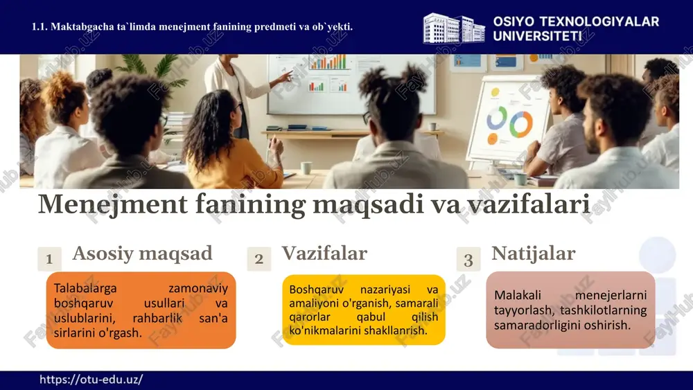 jarayoniga jalb etish. 1.4 tashkilot haqida tushuncha. rasmiy va norasmiy tashkilotlar. tashkilotda ichki va tashqi muhiti tushunchasi va uning mohiyati. 21 menejment fanining rivojlanish tarixi 1 ilmiy menejment davri xx asr boshlarida frederick taylor tomonidan asos solingan. 2 ma'muriy maktab henri fayol tomonidan rivojlantirilgan boshqaruv nazariyasi. 3 insoniy munosabatlar maktabi elton mayo va boshqalar tomonidan rivojlantirilgan yo'nalish. 4 zamonaviy menejment turli nazariyalar va yondashuvlarning sintezi. 22 ilmiy menejment nazariyasi asosiy g'oyalar mehnat unumdorligini oshirish ish jarayonlarini optimallash ilmiy usullarni qo'llash asosiy vakillar frederick taylor frank va lillian gilbreth henry gantt 1.4 tashkilot haqida tushuncha. rasmiy va norasmiy tashkilotlar. tashkilotda ichki va tashqi muhiti tushunchasi va uning mohiyati. 23 ma'muriy maktab asosiy g'oyalar boshqaruvning universal tamoyillarini ishlab chiqish. asosiy vakillar henri fayol, max weber. asosiy tamoyillar mehnat taqsimoti, intizom, birlik, markazlashtirish. 1.5. maktabgacha ta’limda menejment fanining rivojlanish tarixi va taraqqiyot bosqichlari 24 insoniy munosabatlar maktabi asosiy g'oyalar xodimlarning psixologik va ijtimoiy …