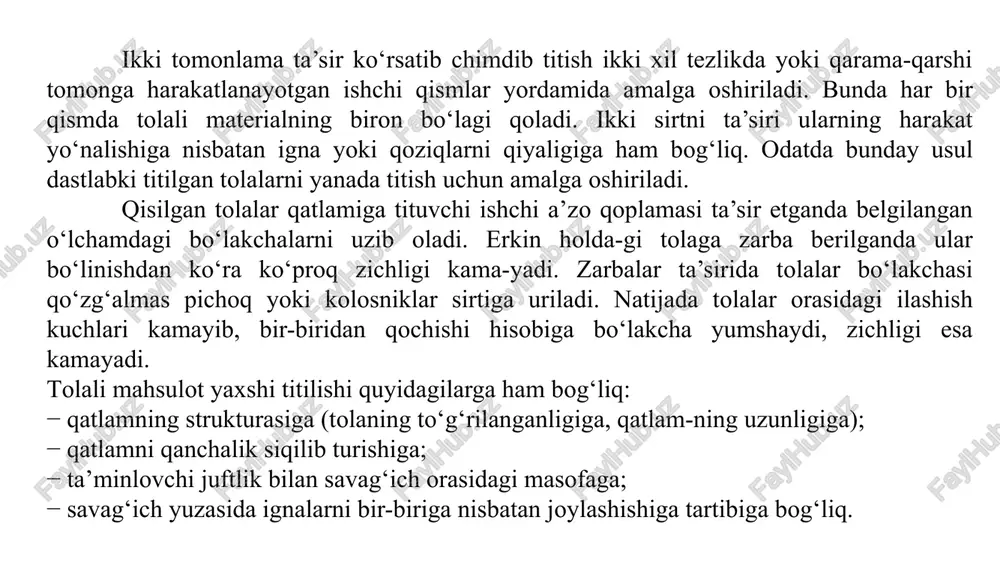 ash uchun yetkaziladi. tozalovchi silindr ostidagi panjara tizimi mashina ishlayotgan paytda ham tashqaridan sozlana olish imkoniyatiga ega. shunday qilib tozalash miqdori nazorat qilib turiladi. uruvchi silindrdan chiqayotgan paxta bo‘lakchalari balkan kondensoriga yuboriladi va u yerda changdan tozalanadi. bu mashina sintetik tolalar uchun xam qo‘llanilishi mumkin. b50 fine opener b55 fine opener (tozalagich) silindrli arra tishli garnitura bilan o‘ralgan. paxta oqimi taqsimlovchi motor yordamida doimiy nazorat ostida bo‘ladi. tolalar shikastlanishini oldini olish maqsadida, paxta tozalashga atrofi oddiy arra tishli garnitura bilan qoplangan silindr orqali amalga oshiradi. bu tolalarni uzmagan holda taralishini taminlaydi. tozalovchi barabanlar ostida joylashgan ikkita pichoqchalar orasidan o‘tgan tolalar tarash bo‘limiga yo‘naltiriladi. havo quvurlari orasida yuqori tezlikda harakatlanadi va tolalarni tashqariga yo‘naltiradi. fine opener paxtani eng optimal yigirishga tayyorlaydi, uni ideal darajada ochib beradi va paxtani iloji boricha eng mayda tolalarga ajratib beradi. b40 mixer b40 mixer aralashtirgichi paxtani aralashtirish birga tolalar o‘rtasidagi farqni yo‘q qilish va ipga bir …