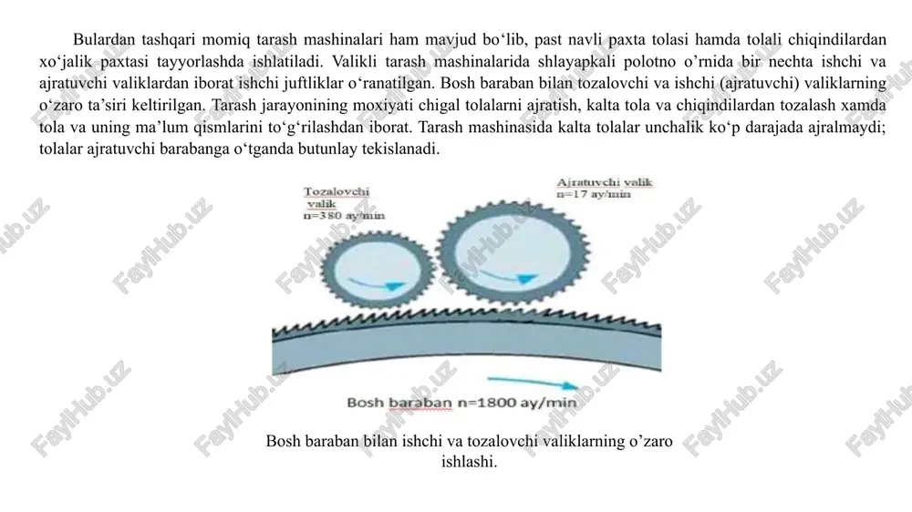 a nuqsonlardan tozalanadi. tolalarni baraban 13 tarovchi baraban 15 ga to‘la uzatib beradi. tarovchi baraban ustida uch juft ishchi 17 va ajratuvchi valiklar 16 o‘rnatilgan bo‘lib, ular barabandagi tolalarni yanada titish uchun xizmat qiladi. dastlabki tarash qismidagi barcha ishchi a’zolar arra tishli qoplamalar bilan o‘ralgan. tarovchi baraban 15 dan tolalarni uzatuvchi baraban 19 ajratib olib asosiy tarash mashinasining bosh barabani 20 ga uzatadi. asosiy tarash qismida tolalarni to‘la tozalash, bo‘lakchalarni alohida tolalarga ajratish, ularni tekislash va taram qatlami hosil qilish vazifalari bajariladi. bosh baraban ustida beshta ishchi valiklar 22 va to‘rtta ajratuvchi valiklar 21 o‘rnatilgan. tarash qismidan o‘tgan tolalarni bosh baraban tishlari ustiga chiqarish yo‘li bilan ularni ajratib olishni yengillatish maqsadida begun 24 o‘rnatilgan. begundagi tolalarni tarash uchun valiklar 23 va 25 o‘rnatilgan. asosiy tarash qismidagi barcha ishchi a’zolar ignali qoplamalar bilan o‘ralgan. bosh baraban sirtidagi tolalarni ajratuvchi baraban 26 ajratib oladi va undan ajratuvchi taroq 27 yordamida belgilangan qalinlikdagi …