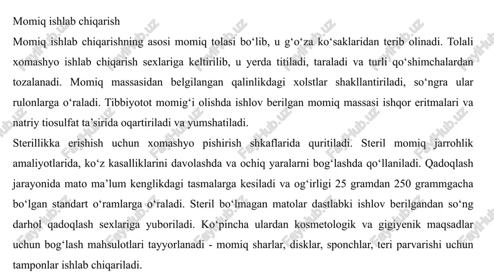 l barabani titib-taragan tolalar xas-cho‘p ajratuvchi pichoq 6 ga urilib o‘tishi natijasida undan xor-xas va nuqsonlar jadal ajralib chiqadi hamda chigal tola tugunlari yechiladi. tolalar qabul barabani sirtidan asosiy baraban 8 sirtiga o‘tadi. bu yerda tolalar kompleksi avval asosiy baraban tishlari yordamida ajratiladi, so‘ngra ishchi valiklar 7 ta’sirida yanada ajratilib, taraladi. ishchi valiklar sirtida qolgan tolalar ularning tozalovchi valiklari yordamida ajratib olinadi va bosh barabandagi tolalar ustiga qo‘shilib, unga uzatiladi. taralgan tolali material bosh barabandan ajratuvchi baraban 9 tishlari yordamida ajratib olinadi. ajratuvchi barabanga uzatilgan tolalar qatlami quyuqlashadi va uni ajratuvchi mexanizm 11 taram shaklida ajratib oladi. taram ajralgandan keyin chiqaruvchi vallar 12 yordamida qatlam hosil qiluvchi panjara 13 ga, so‘ngra barabanga o‘raladi. momiq qatlamini zichlash uchun momiq momig‘i barabani sirtida o‘zi yuklanadigan valik joyashgan. chm-10s tarash mashinasi: 1,bunker 2. lotok 3. ta’minlash stoli 4. ta’minlash tsilindri 5. qabul barabani. 6. xas-cho‘plarni ajratuvchi pichoq 7. qo‘zg‘almas sigmentlar 8. asosiy baraban.9. …